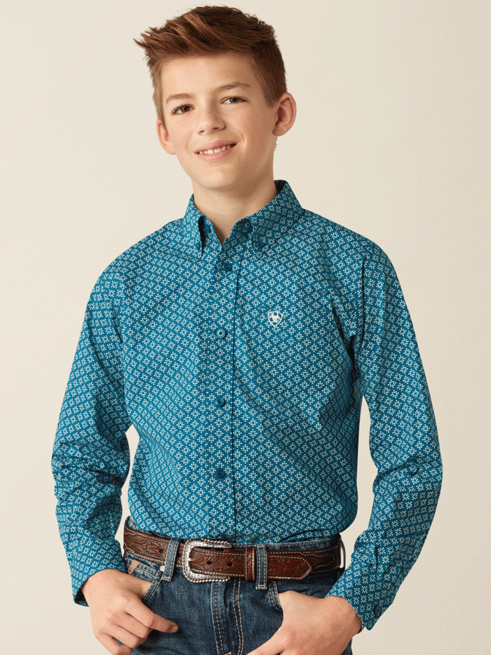 Ariat 10054073 Kids Petey Classic Fit Shirt - Dark Teal Cotton Western Shirt for Boys & Girls - Perfect for Rodeo, Horseback Riding & Casual Wear