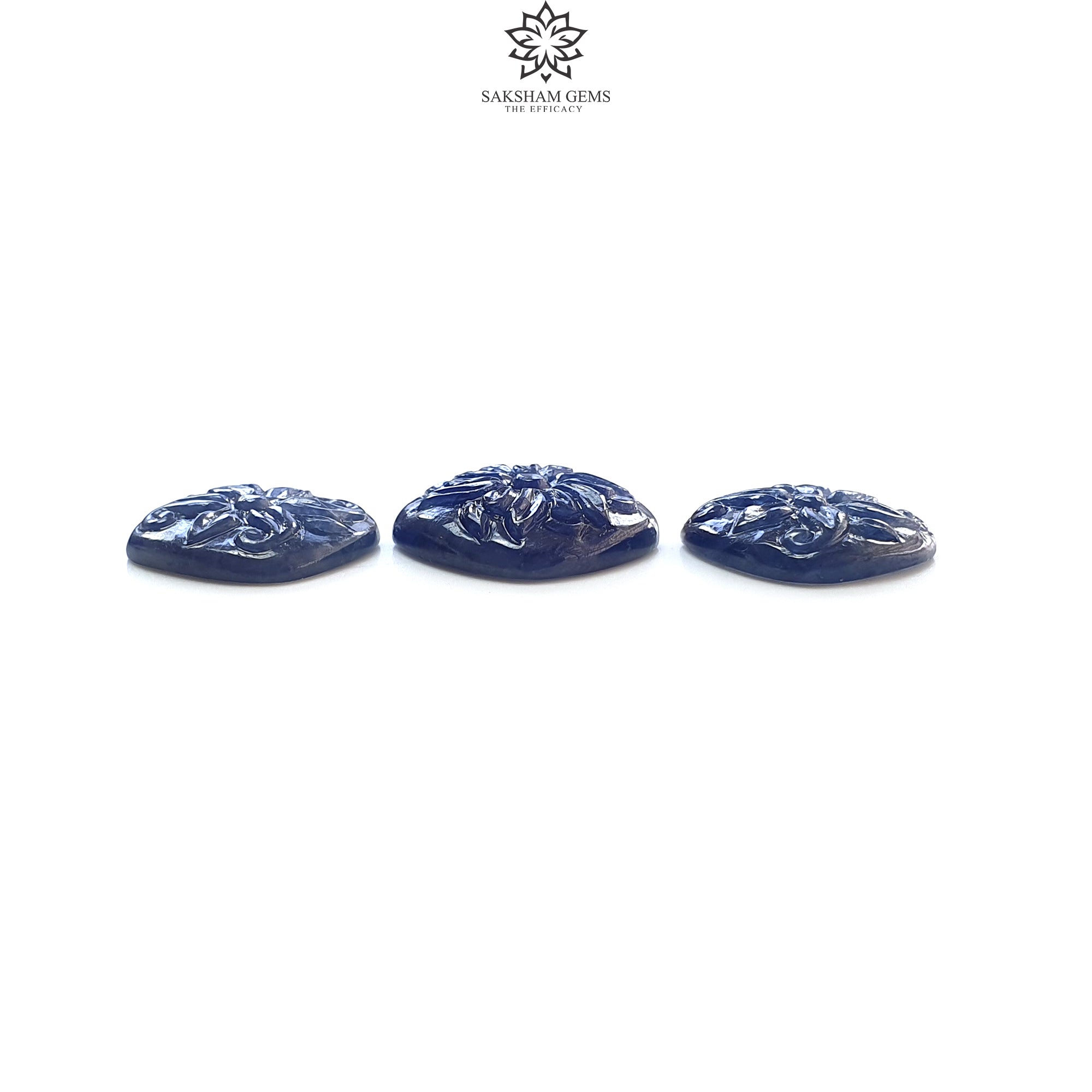 Natural Blue Sapphire Gemstone Carving - 45.00cts Untreated Unheated Hand-Carved Cushion Shape (16x18mm & 17x19mm, 3pcs) | Perfect for Jewelry Making, Engagement Rings & Luxury Gifts