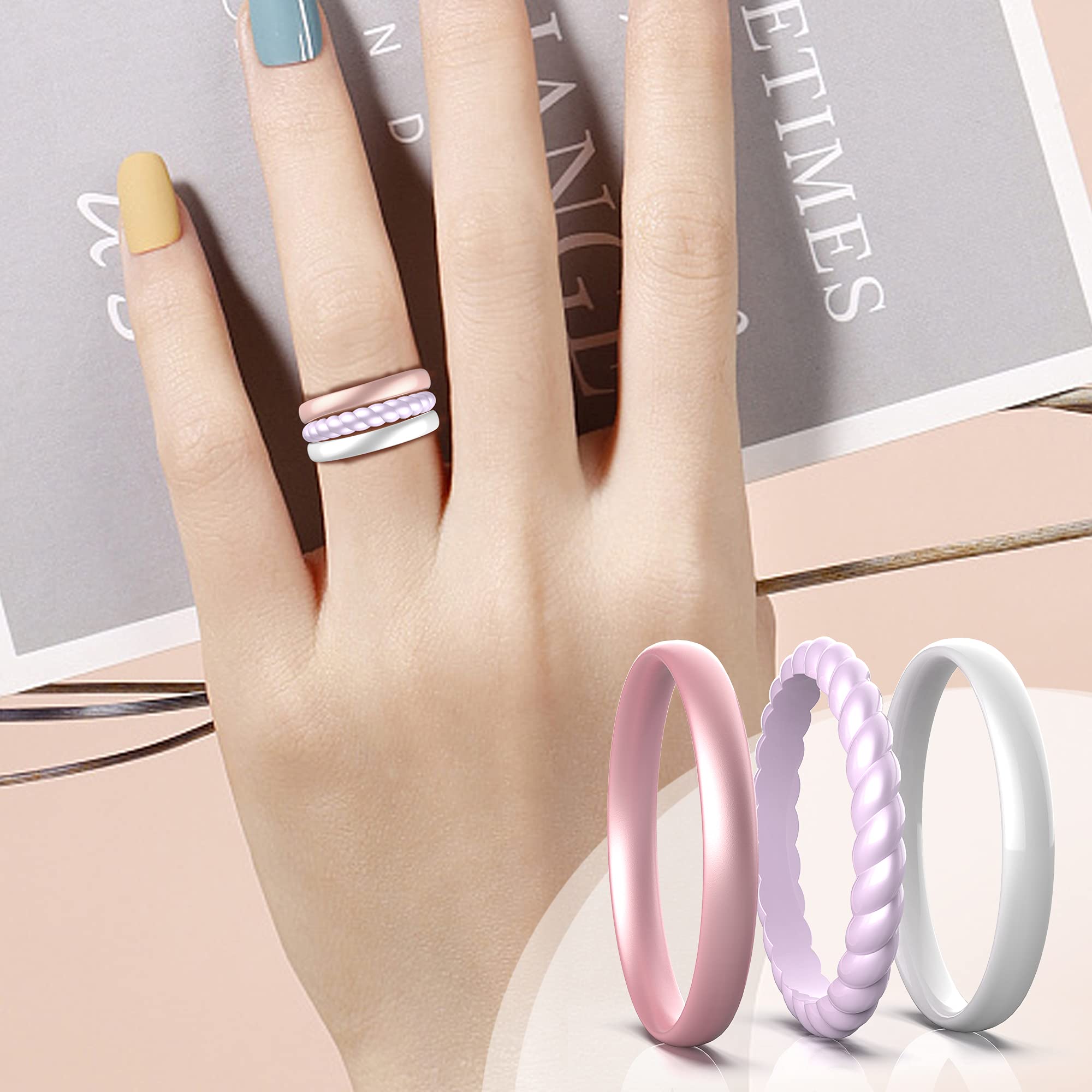 Zollen 3mm Thin Braided Silicone Wedding Rings for Women - Metallic Color, Stackable, Hypoallergenic Rubber Bands - Perfect for Active Lifestyle, Gym, Swimming & Outdoor Activities