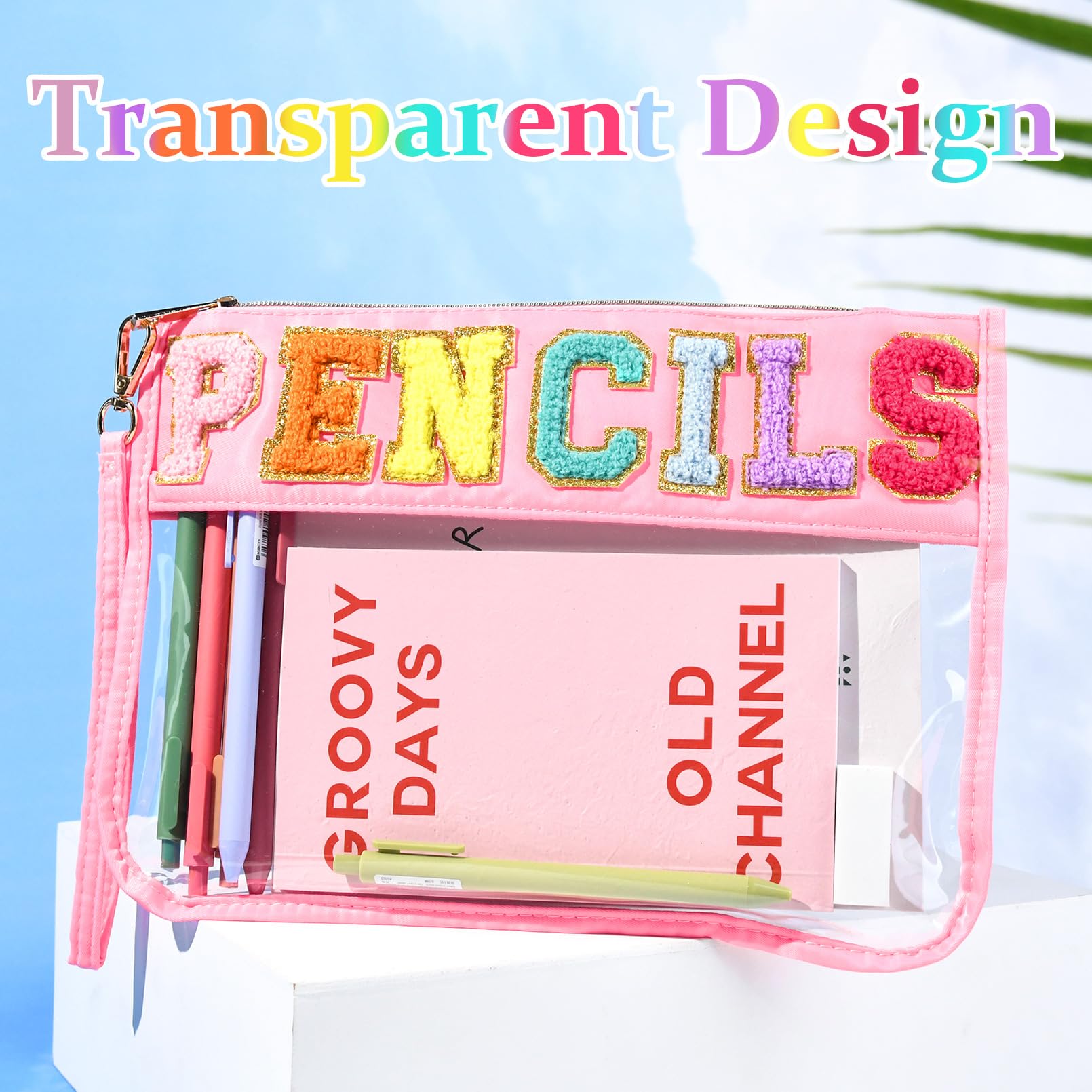 SOIDRAM Clear Chenille Pencil Pouch - Waterproof Nylon Zipper Cosmetic & Toiletry Bag for School, Travel, Makeup Organizer - Perfect Teacher Gift & Back to School Supplies (Ideal for Classroom, Office, Gym & Daily Essentials Storage)