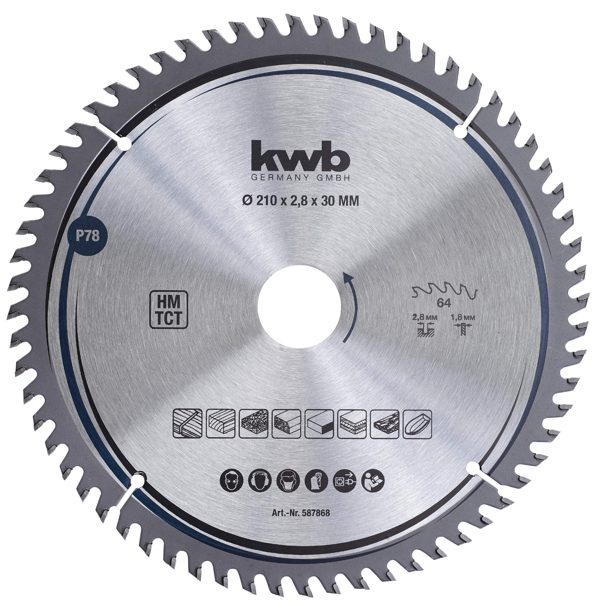 KWB 587868 210mm 64-Tooth Circular Saw Blade for Wood & Hardwood - Precision Fine Cut with 30mm Arbor | Ideal for Carpentry, DIY Projects & Professional Woodworking