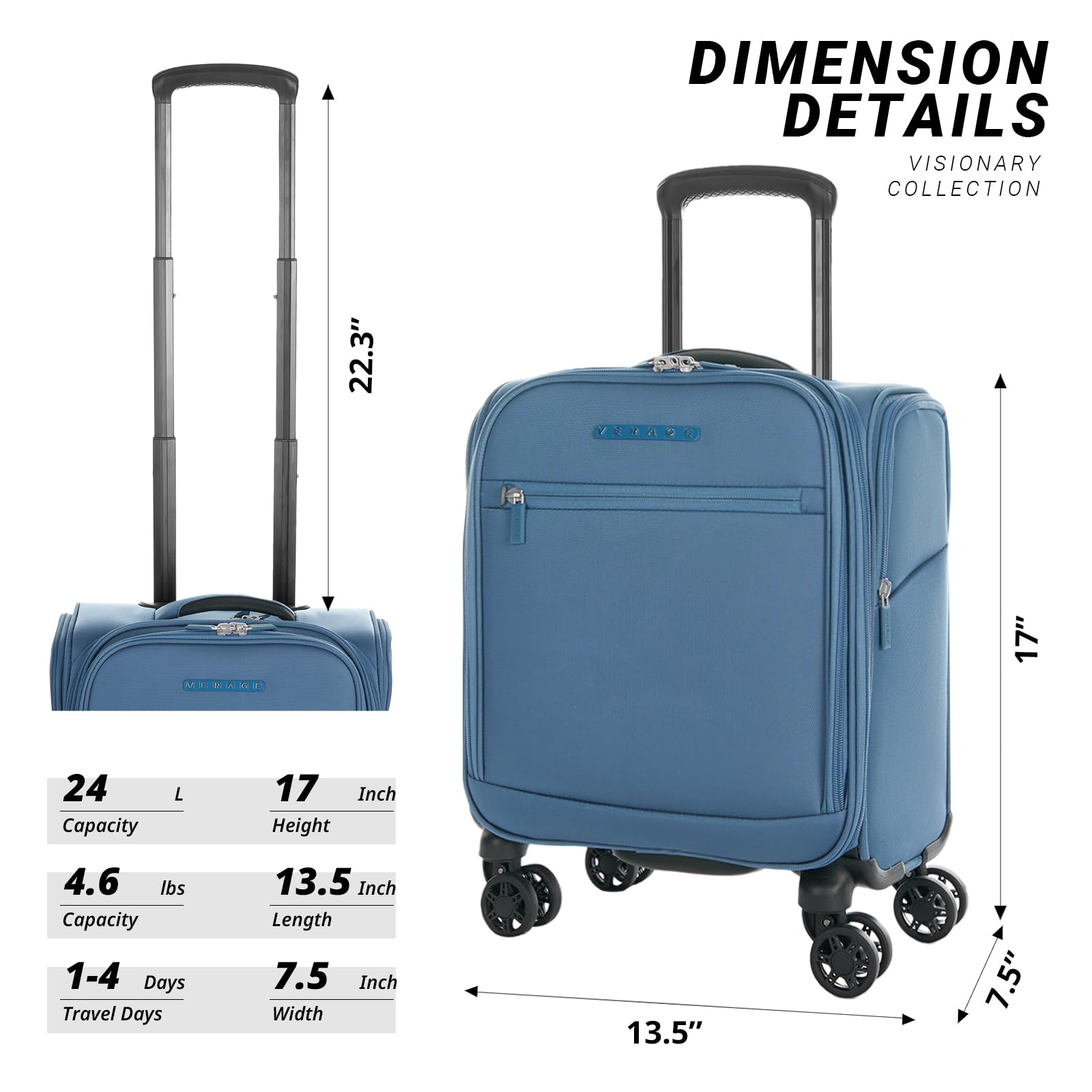 Vercase 14-Inch Underseat Carry-On Luggage with Wheels - Lightweight Softside Spinner Suitcase for Air Travel, Perfect for Short Trips & Airplane Cabin Storage (Coast Blue) | Compact Travel Bag for Men & Women, Ideal for Business Trips & Weekend Getaways