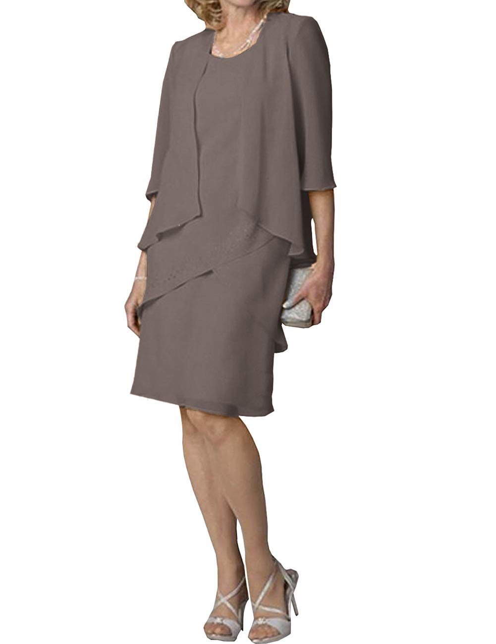 Elegant Mother of the Bride Dresses - Short Formal Evening Gown with 3/4 Sleeve Chiffon Jacket & Tiered Skirt | Perfect for Weddings, Cocktail Parties & Special Occasions