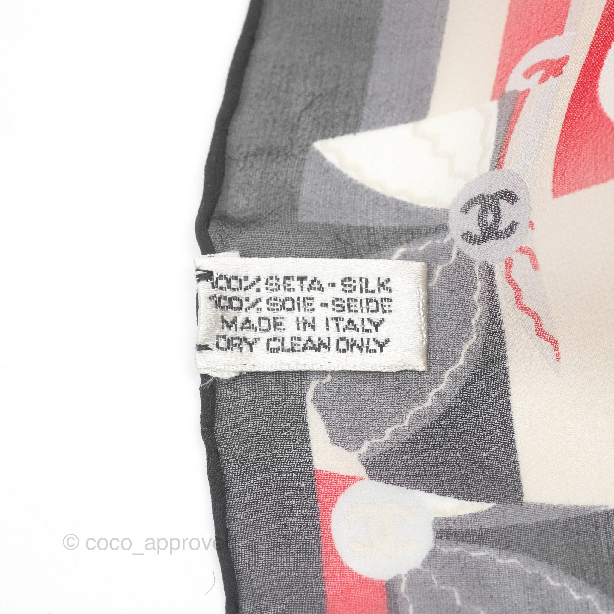 Chanel CC Silk Square Scarf 90 - Elegant Grey Red White Pattern - Luxury Fashion Accessory for Women - Perfect for Gifts, Parties, and Everyday Style