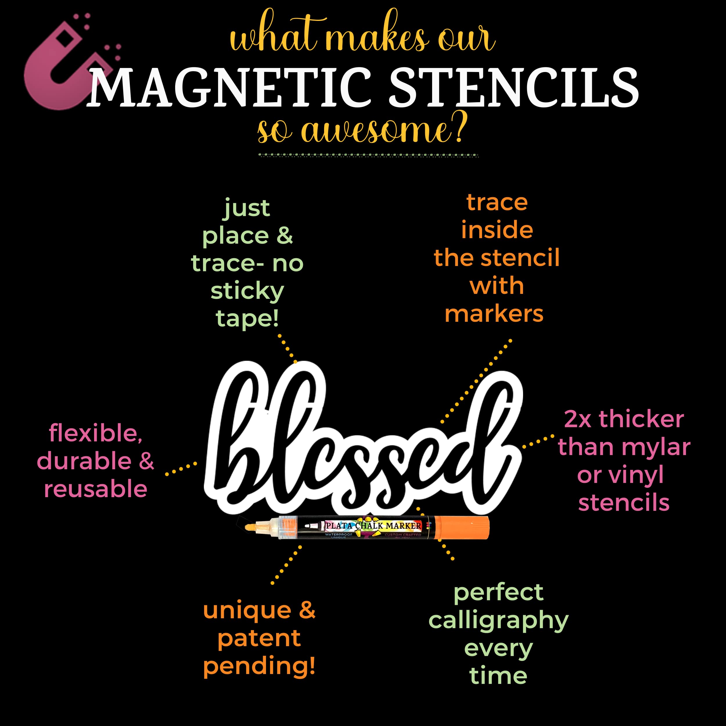 Reusable Magnetic Chalkboard Stencils Set - Cursive Calligraphy Stencils for Thankful, Blessed, Welcome Signs - Perfect for DIY Chalkboard Art, Wedding Decor, and Coffee Shop Menu Boards