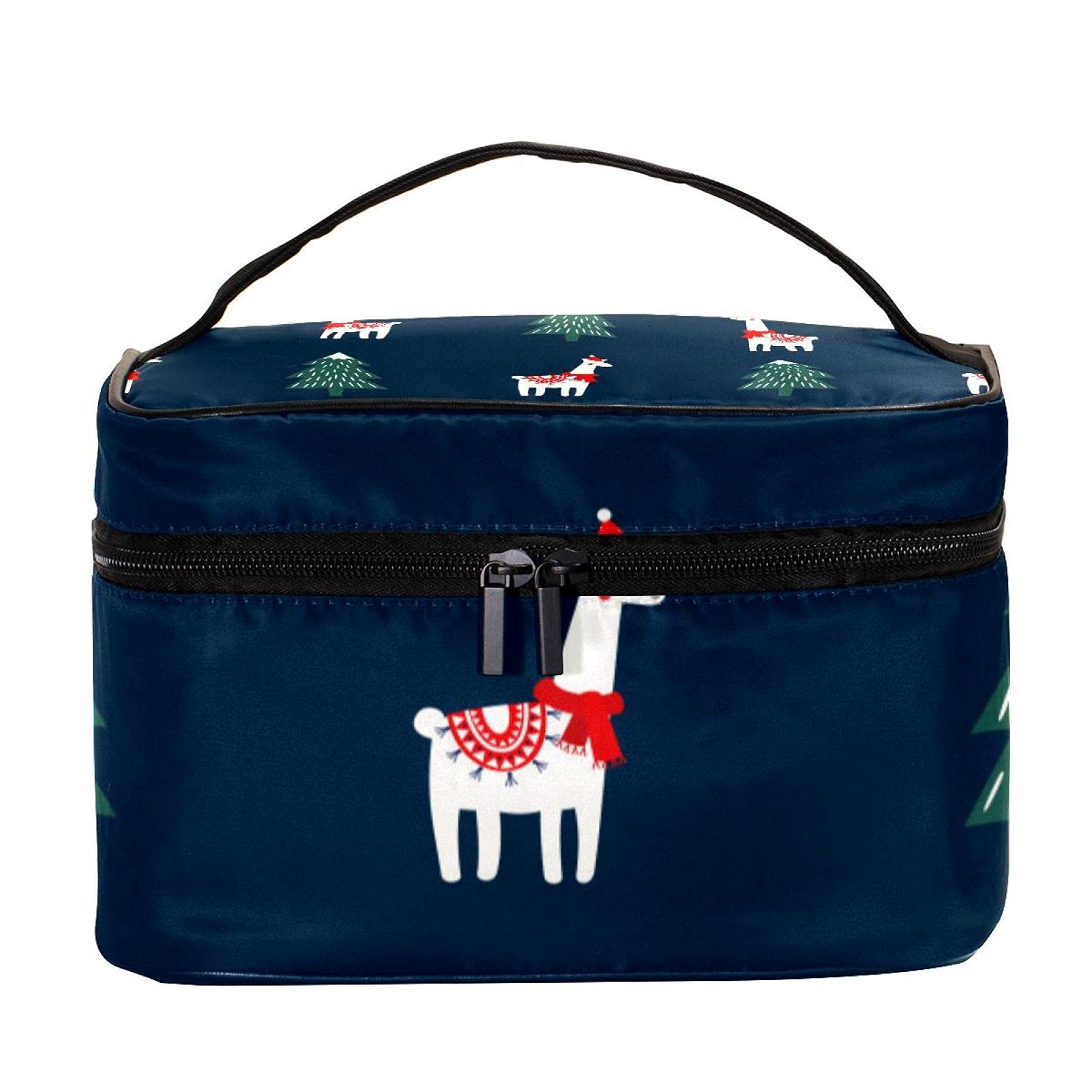 Christmas Tree & Llama Pattern Travel Makeup Bag - Large Cosmetic Organizer with Zipper for Women & Girls - Perfect for Holiday Travel, Gym Essentials & Toiletry Storage