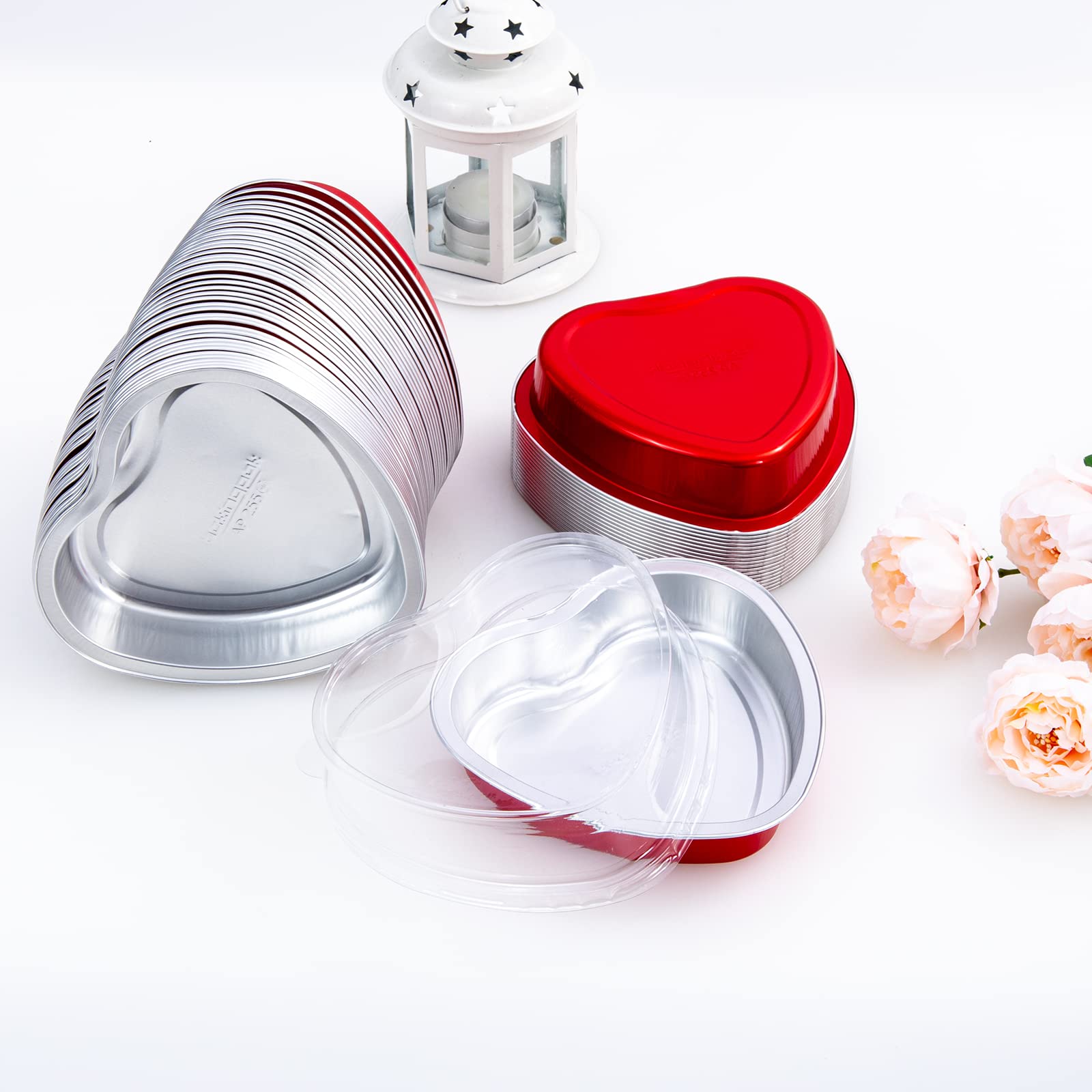 25-Pack 9oz Disposable Aluminum Foil Heart Shaped Cake Pans with Lids - Mini Baking Molds for Cupcakes, Muffins & Desserts - Perfect for Valentine's Day, Parties & Home Baking (Red)