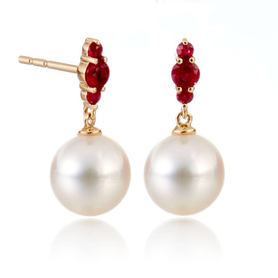 Exquisite White Akoya Pearl & Ruby Orion Earrings – Elegant Dangle Earrings for Women, Perfect for Weddings, Parties & Special Occasions