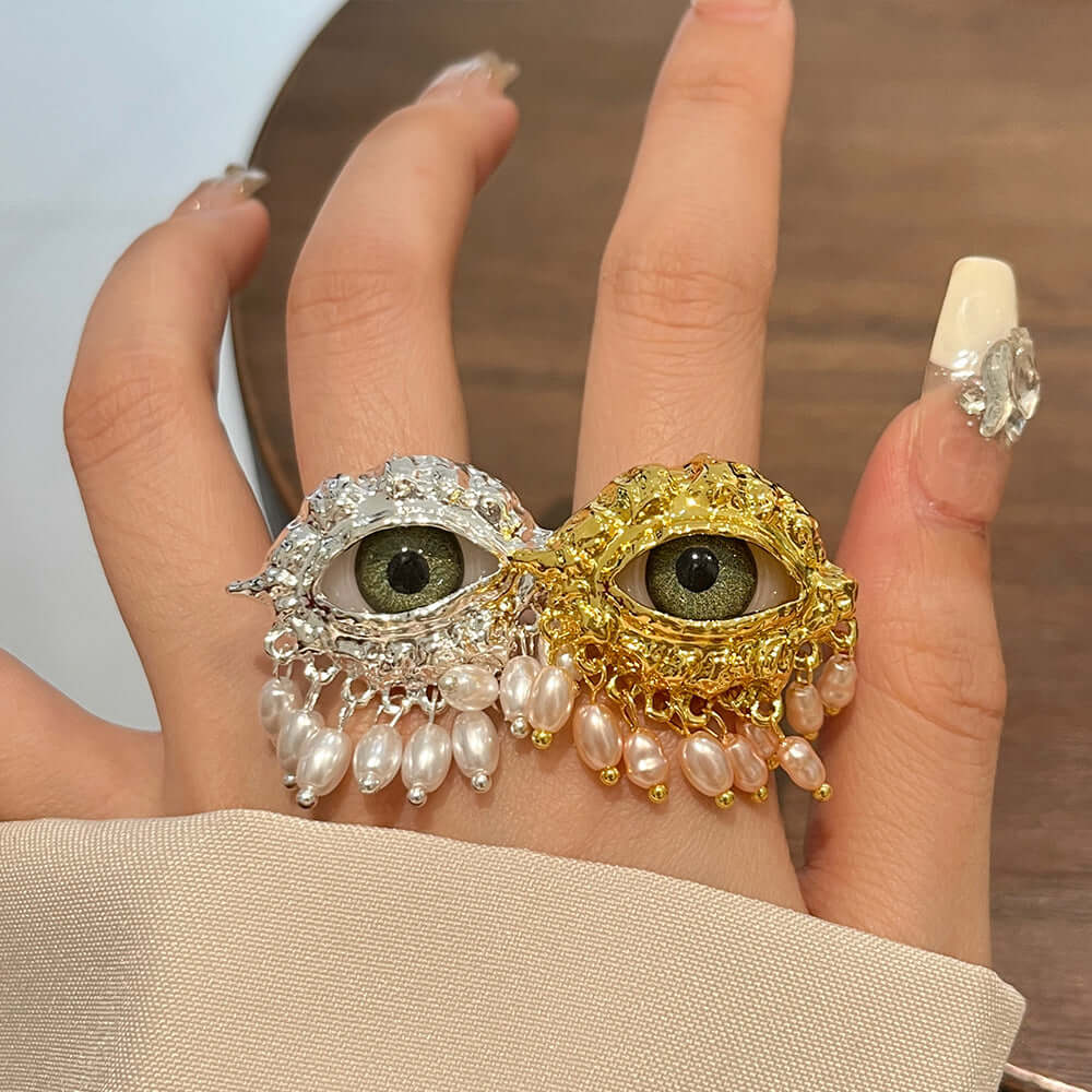 Evil Eye Cocktail Ring with Pearl Tassel - Chunky Statement Jewelry for Women | Z1973 | Perfect for Parties, Date Nights & Boho Fashion Accessories