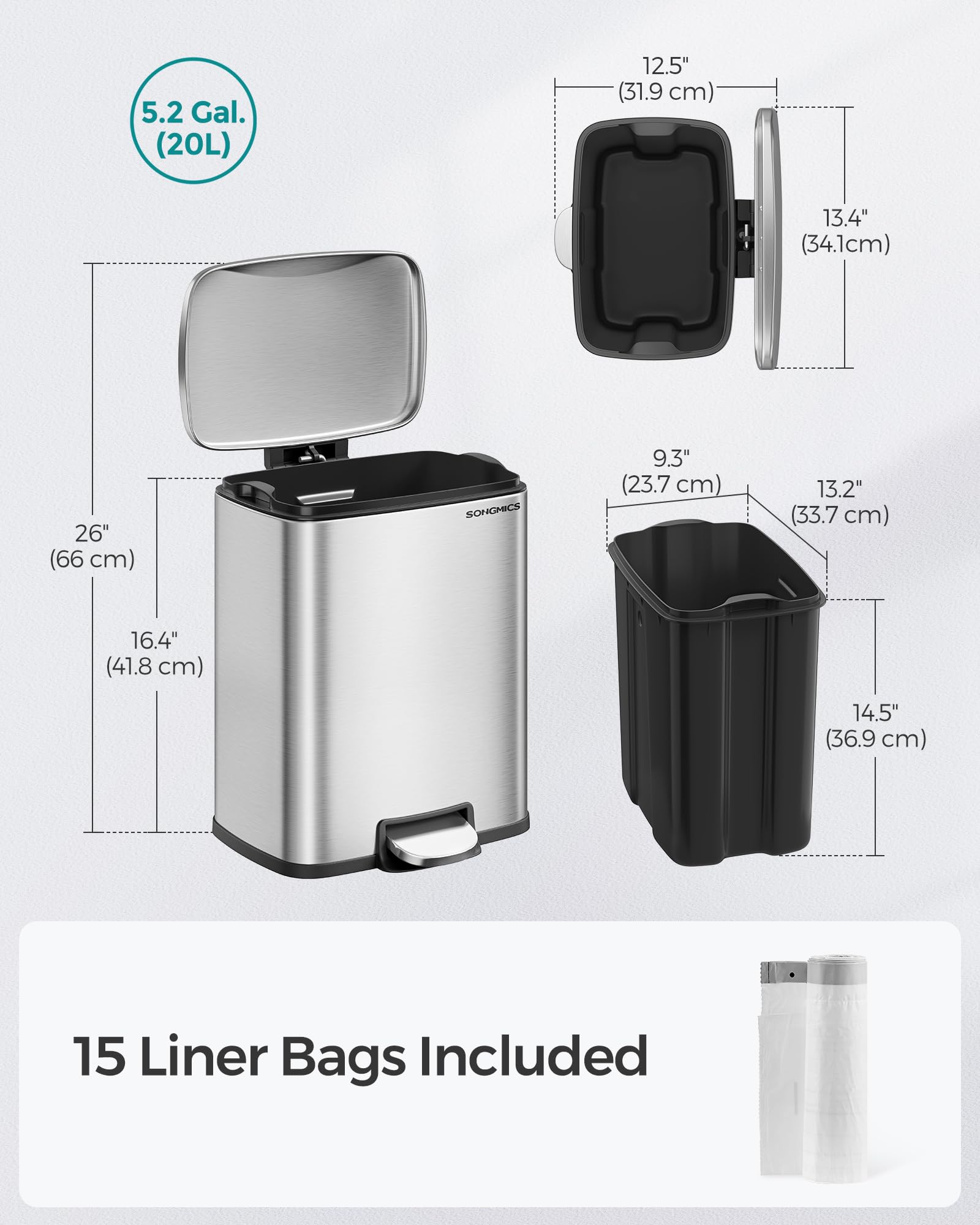 SONGMICS 5.2-Gallon Stainless Steel Step Trash Can with Lid - Soft Close, Stay Open Feature & Inner Bucket - Includes 15 Trash Bags - Perfect for Kitchen, Bathroom, Office, or Garage Waste Disposal (Silver, ULTB543E01)