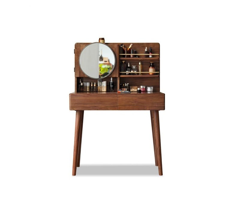 Black Walnut Solid Wood Moon Makeup Mirror Vanity Dressing Table - Elegant Bedroom & Bathroom Decor for Women