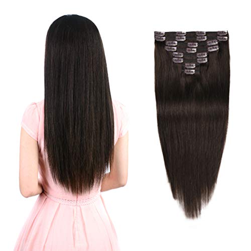 Premium Clip-in Human Hair Extensions Dark Brown #2 - 8-Piece Straight Double Weft Remy Hair Extensions for Women (12 Inch, 82g) - Perfect for Short Hair Styling, Volume Boost & Everyday Wear