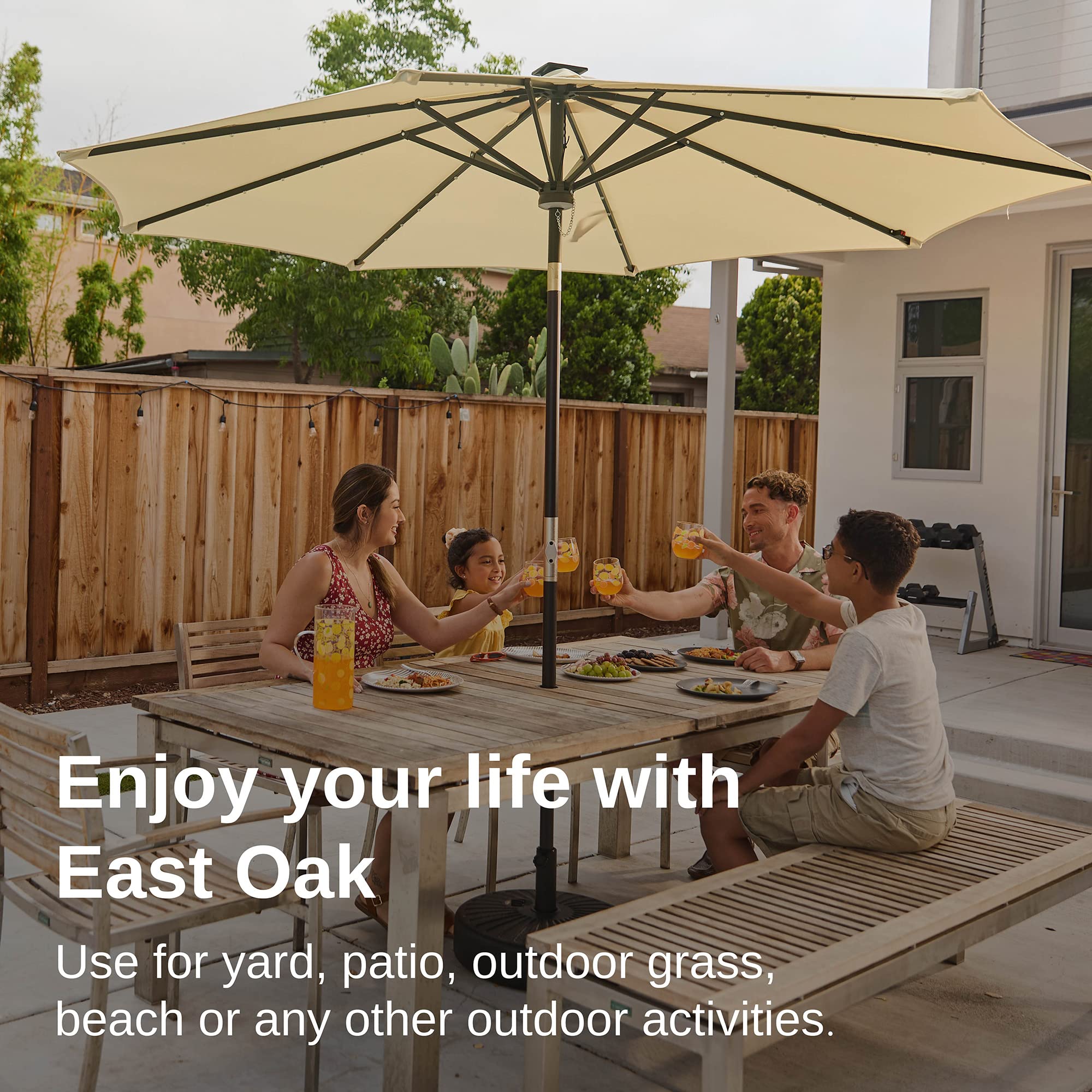 EAST OAK 9 ft Outdoor Patio Umbrella with 40 LED Solar Lights - Waterproof, UV 30+ Fade Resistant - Perfect for Garden, Deck, Backyard, Pool and Beach - Beige | Ideal for Outdoor Dining, Lounging, and Summer Parties