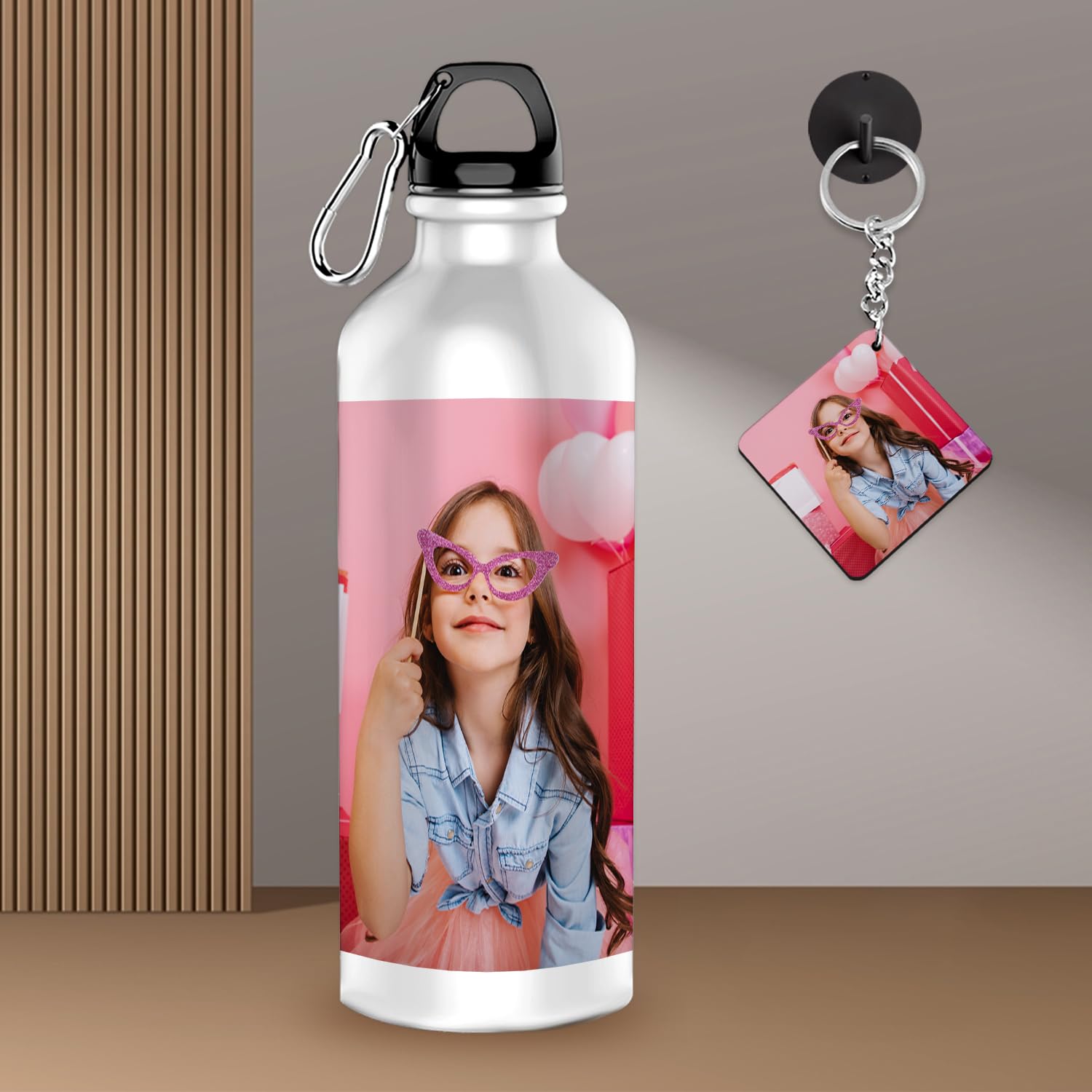**Personalized Sports Water Bottle with Photo & Name - 600ML Custom Aluminum Sipper Bottle (White) - Ideal for Gym, Hiking & Team Gifts - Includes Free Wooden Keychain**