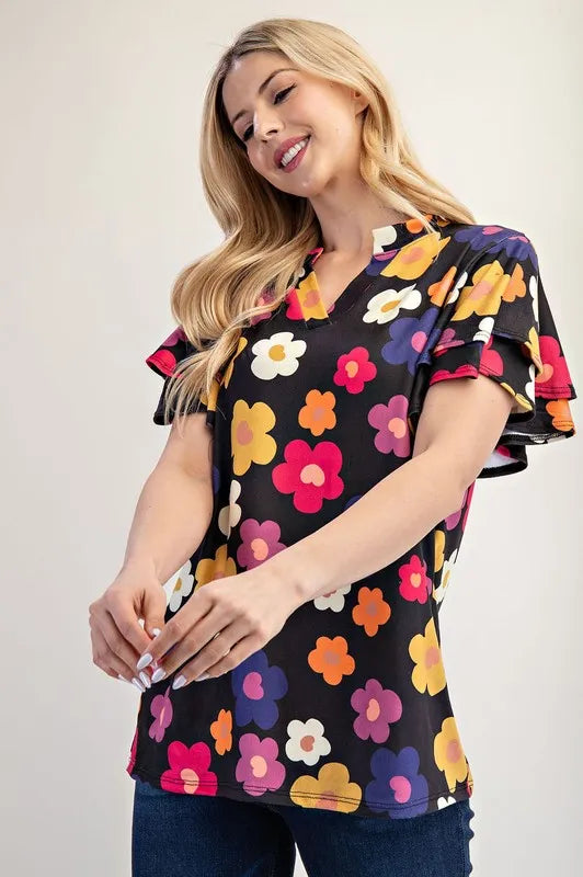 Celeste Bold Floral Print Ruffle Sleeve Blouse for Women | Elegant Party & Date Night Top | Summer Casual & Formal Occasion Wear