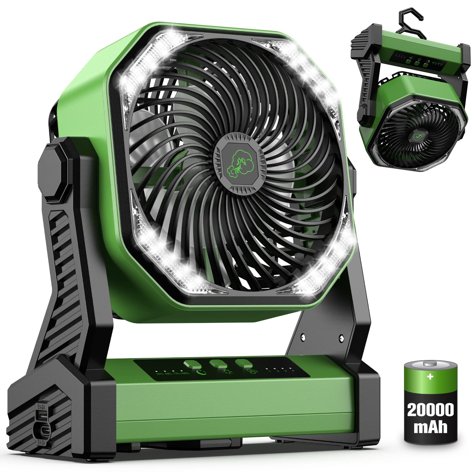 20000mAh Portable Fan with 16 LED Lights - Rechargeable Battery Operated Fan Lasts 58 Hours - Camping Fan & Lantern for Outdoor Adventures, Hiking, Backpacking, and Emergency Use - Green