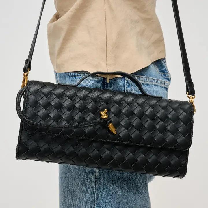 Ada Top Handle Woven East West Clutch Crossbody Bag in Black - Perfect for Evening Parties, Weddings & Date Nights