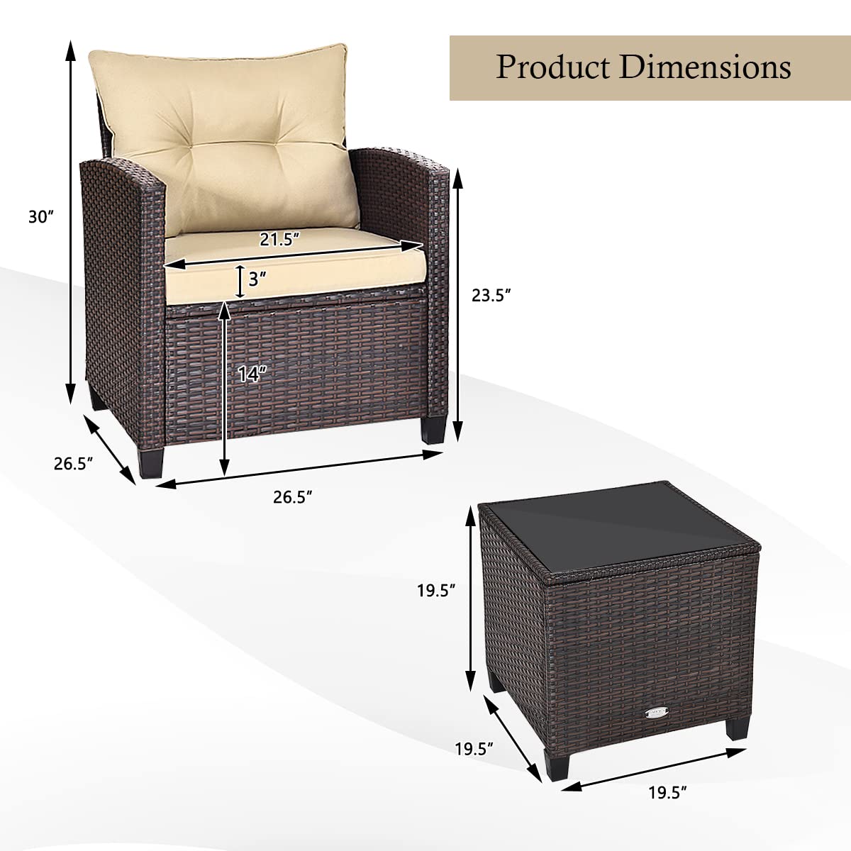 KOTEK 3-Piece Outdoor Patio Furniture Set with Washable Cushions & Tempered Glass Tabletop - PE Rattan Wicker Bistro Set for Porch, Garden, Balcony, Backyard (Beige) | Perfect for Relaxing, Entertaining & Outdoor Dining