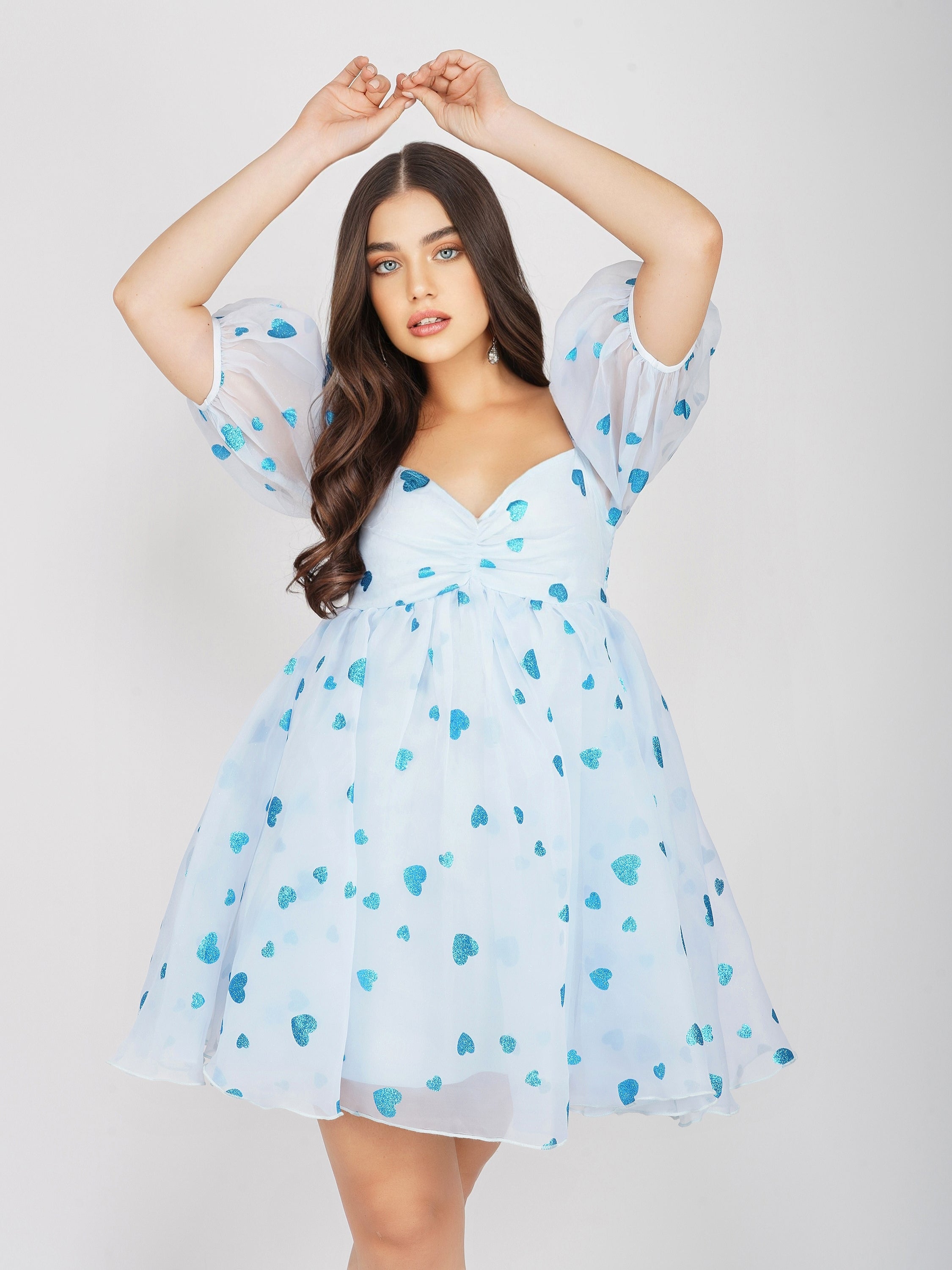 Melanie Puff Sleeve Dress - Blue Heart Print Flowy Summer Dress for Women | Perfect for Dates, Parties & Beach Vacations