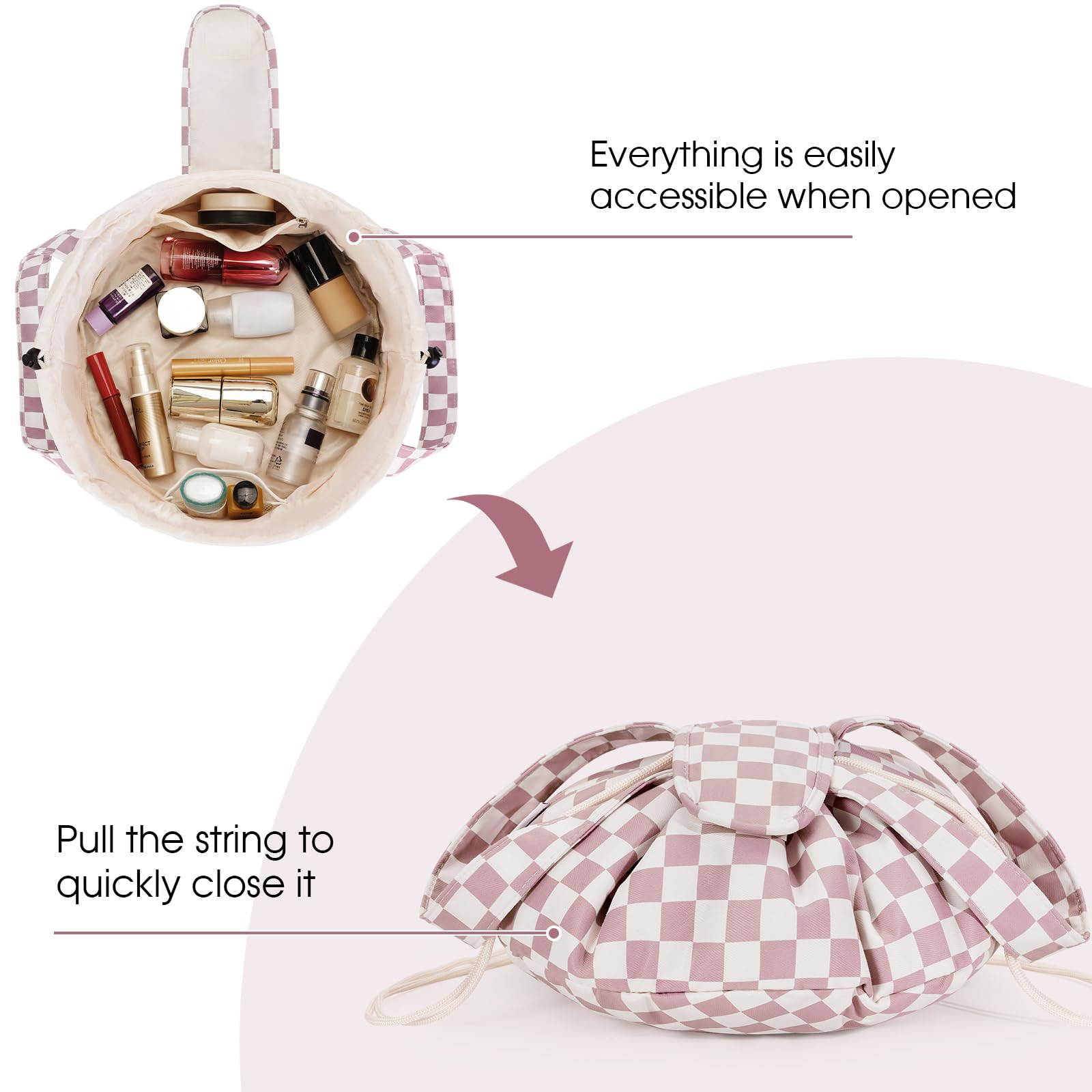 Narwey Large Checkered Makeup Bag with Drawstring - Waterproof Cosmetic & Toiletry Organizer for Women & Teen Girls - Perfect for Travel, Gym, and Daily Use (Dusty Rose Checkerboard, Patent)