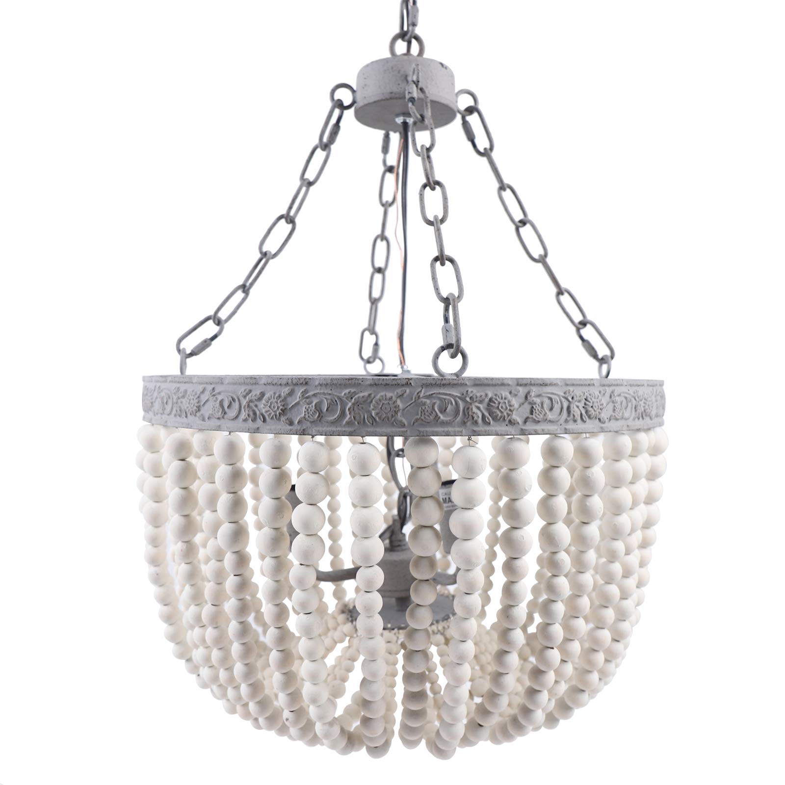 Vintage Wood Bead Chandelier - Adjustable Boho Ceiling Pendant Light Fixture with 3-Lights, Antique Gray Wooden Beads, E12 Bulb Base (Bulbs Not Included) - Perfect for Beach House, Farmhouse, or Bohemian Bedroom Decor