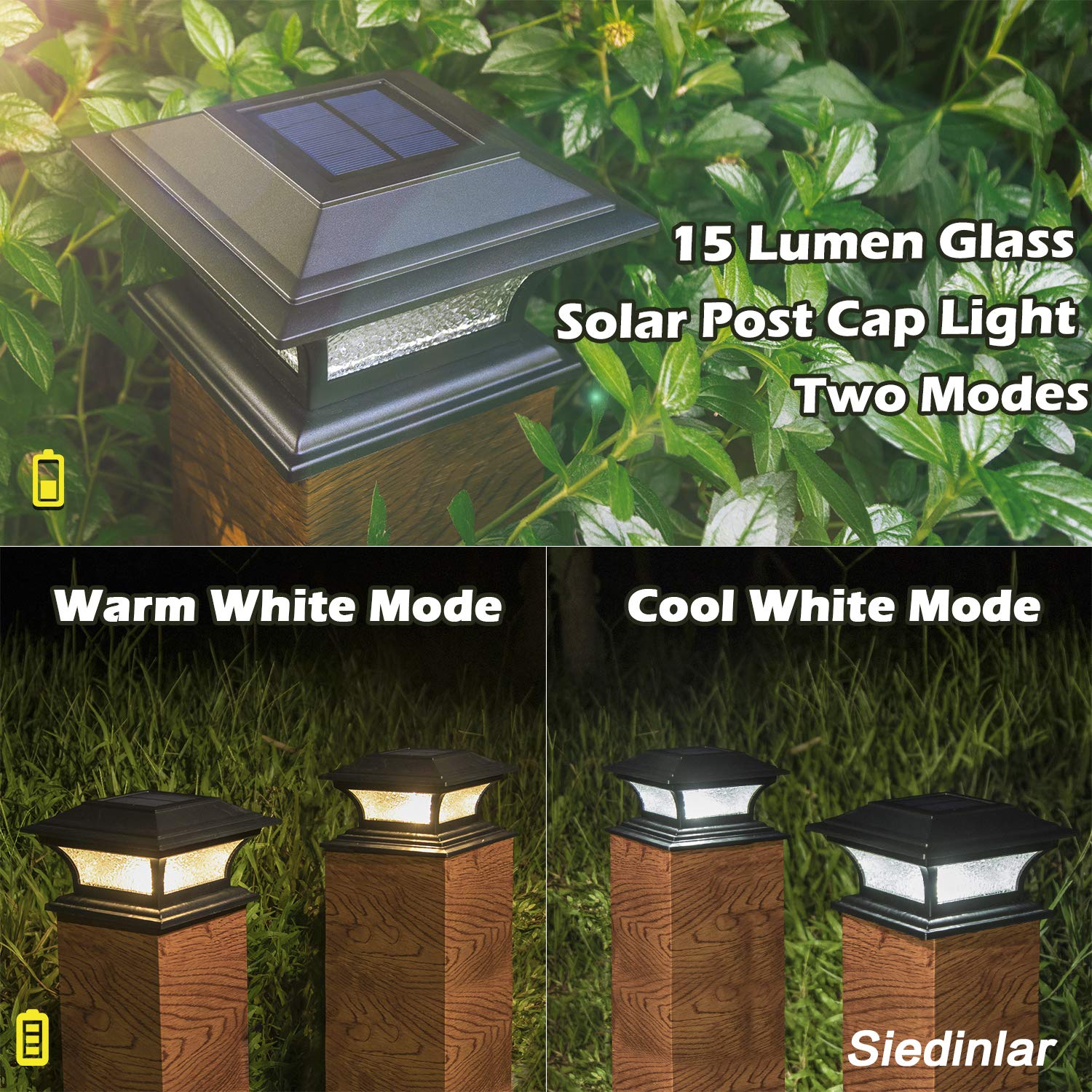 SIEDiNLAR Solar LED Post Cap Lights - Outdoor Waterproof Fence Lighting for 4x4 5x5 6x6 Wood Posts - Warm White/Cool White 2 Modes - Deck Patio Garden Pathway Decoration (2 Pack Black) - Perfect for Backyard, Driveway & Landscape Lighting at Night