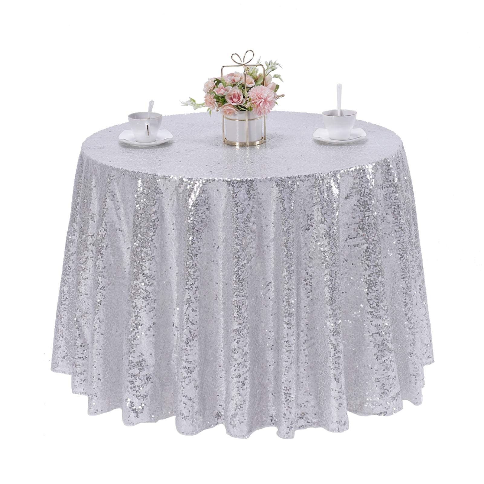 90 Inch Round Silver Sequin Tablecloth - Sparkly Glitter Table Cover for Weddings, Bridal Showers, Birthday Parties & Prom Decor | Elegant Dining & Event Table Overlay