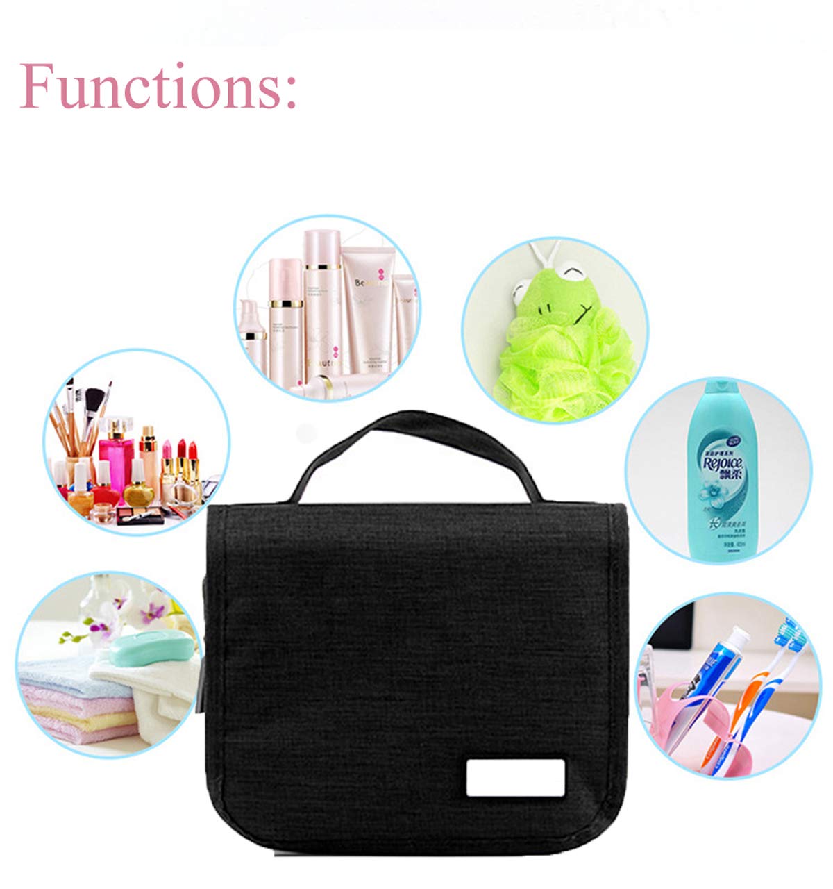 Waterproof Hanging Cosmetic & Toiletry Travel Bag for Women & Men - Portable Makeup Pouch with Hook for Shower, Gym, Camping & Airplane Carry-on (Black)