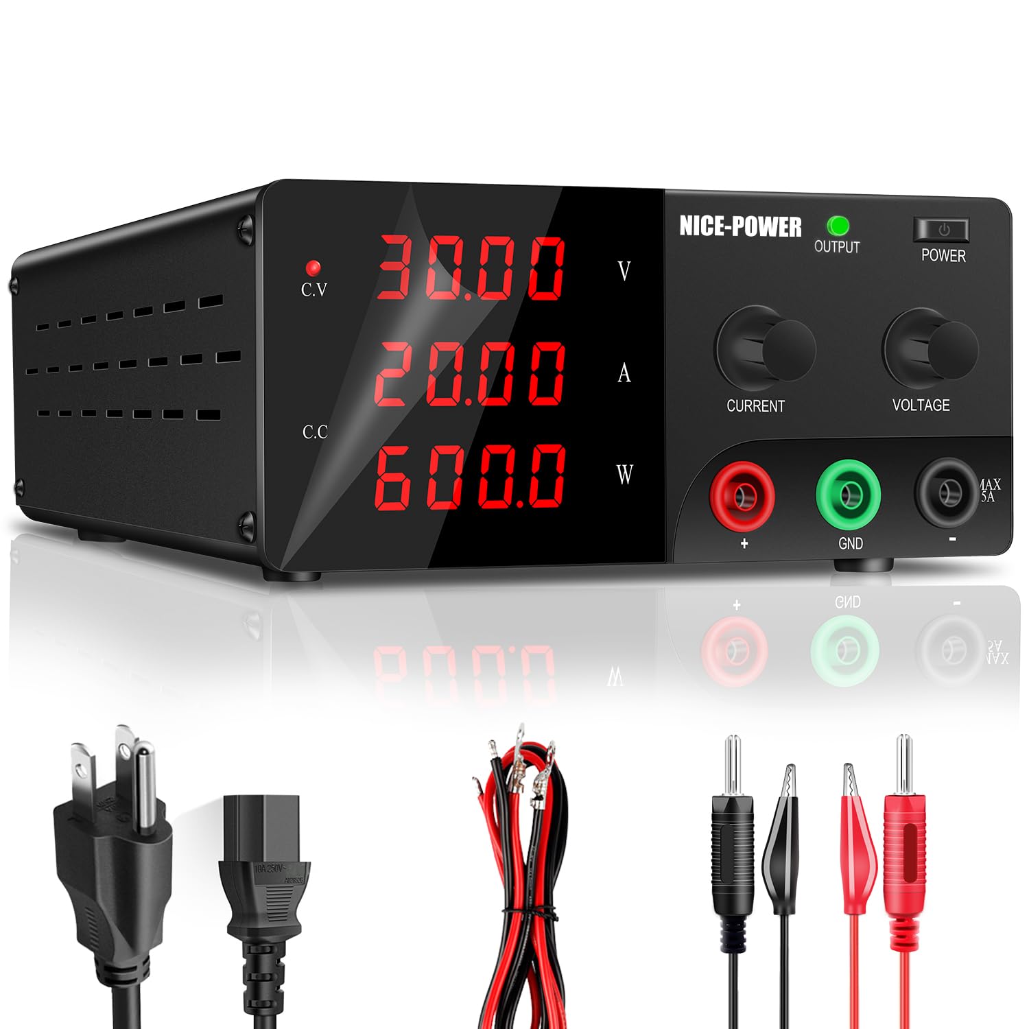 NICE-POWER 600W Adjustable DC Power Supply, 30V 20A Variable Lab Bench Power Supply with Encoder Knob & Output Switch - Precision Switching Regulated Power Supply for Electronics Repair, Testing, DIY Projects & Industrial Use