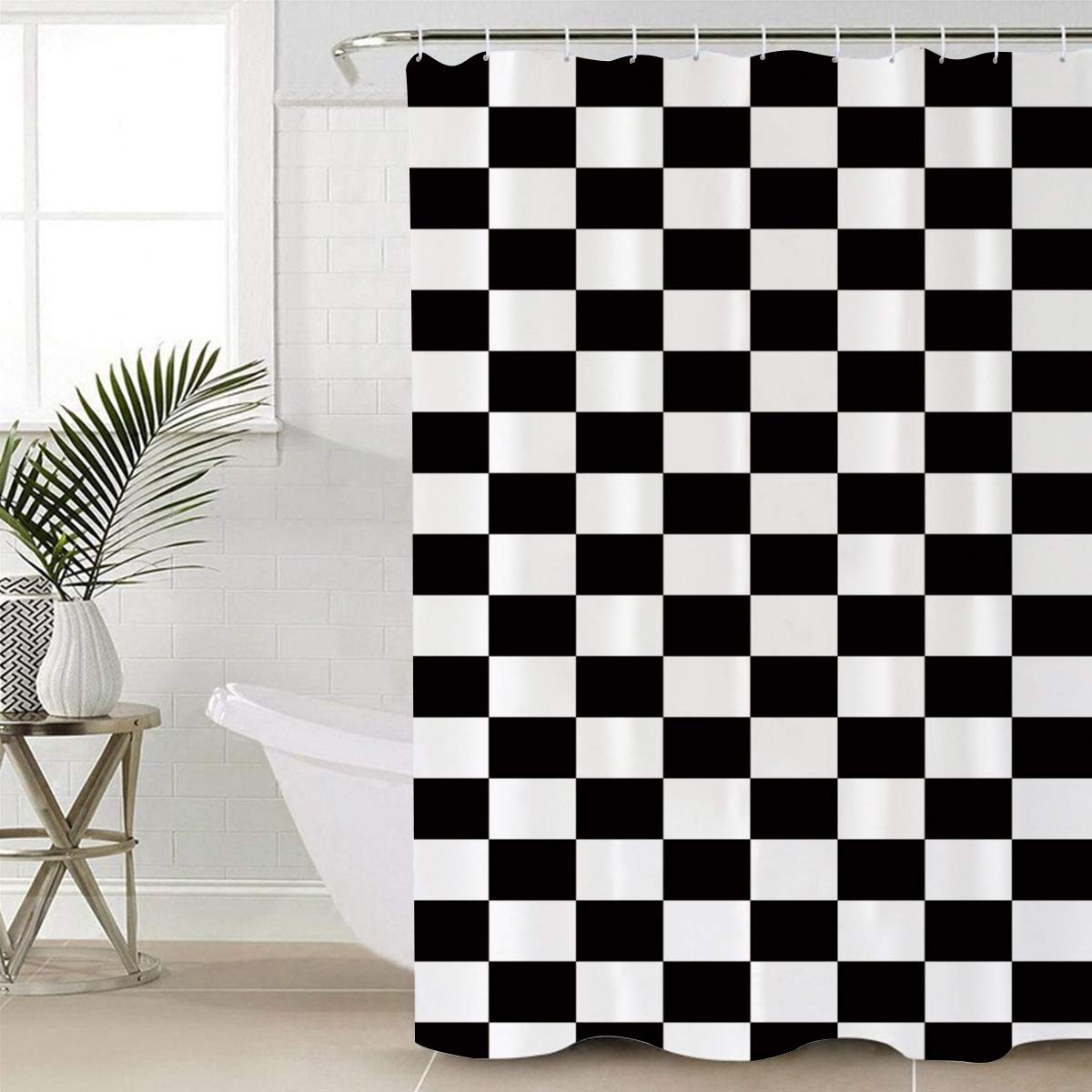 Greday Extra Long Black and White Checkered Flag Shower Curtain Set with Hooks - 72x96 Inch Polyester Bathroom Curtain for Bathtub Decor - Perfect for Race Car Themed Bathrooms and Modern Home Decor