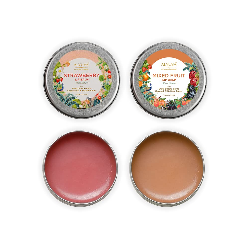 Alyuva Combo - 100% Natural Strawberry & Mixed Fruit Lip Balms Enriched with Ghee, 7g Each | Hydrating & Nourishing for Dry Lips | Perfect for Daily Use, Travel & Gifts