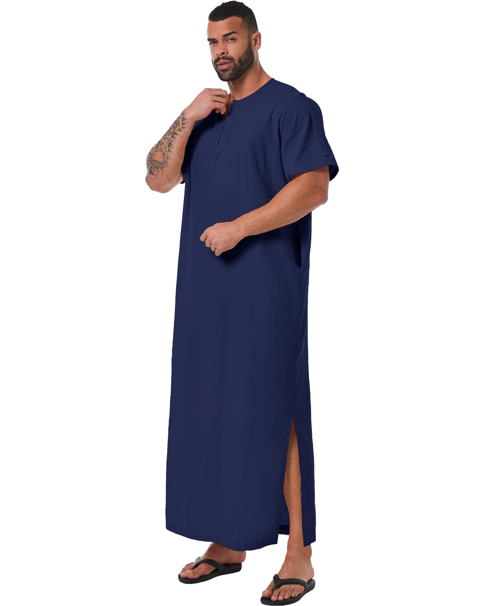 YAOHUOLE Men's Islamic Thobe - Short Sleeve Arabic Robe with Pocket - Comfortable Muslim Prayer Dress for Mosque & Daily Wear