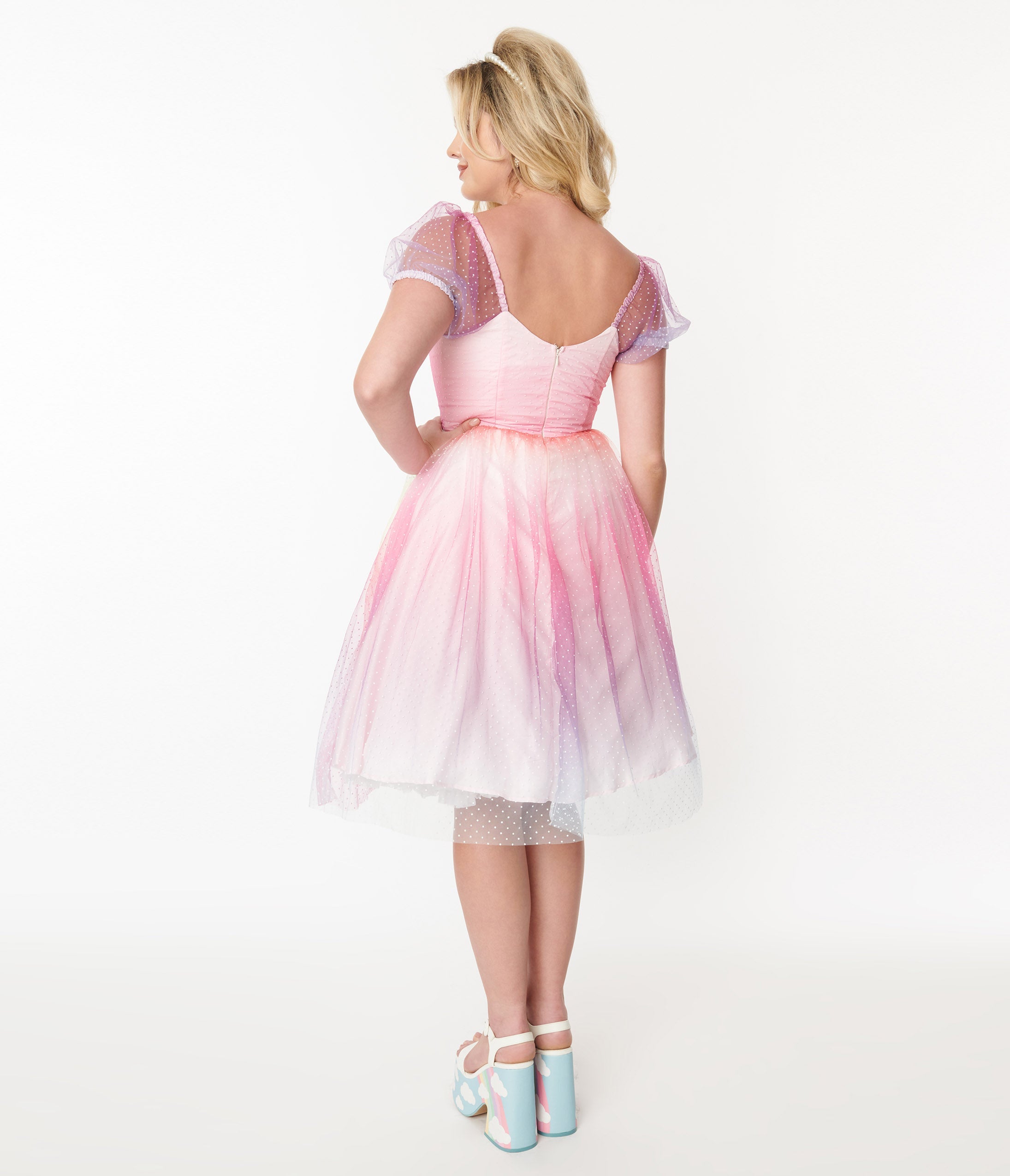 Vintage 1950s Pastel Rainbow Ombre Dot Tulle Sweetheart Fit & Flare Dress - Retro Pinup Style for Parties, Weddings & Special Occasions