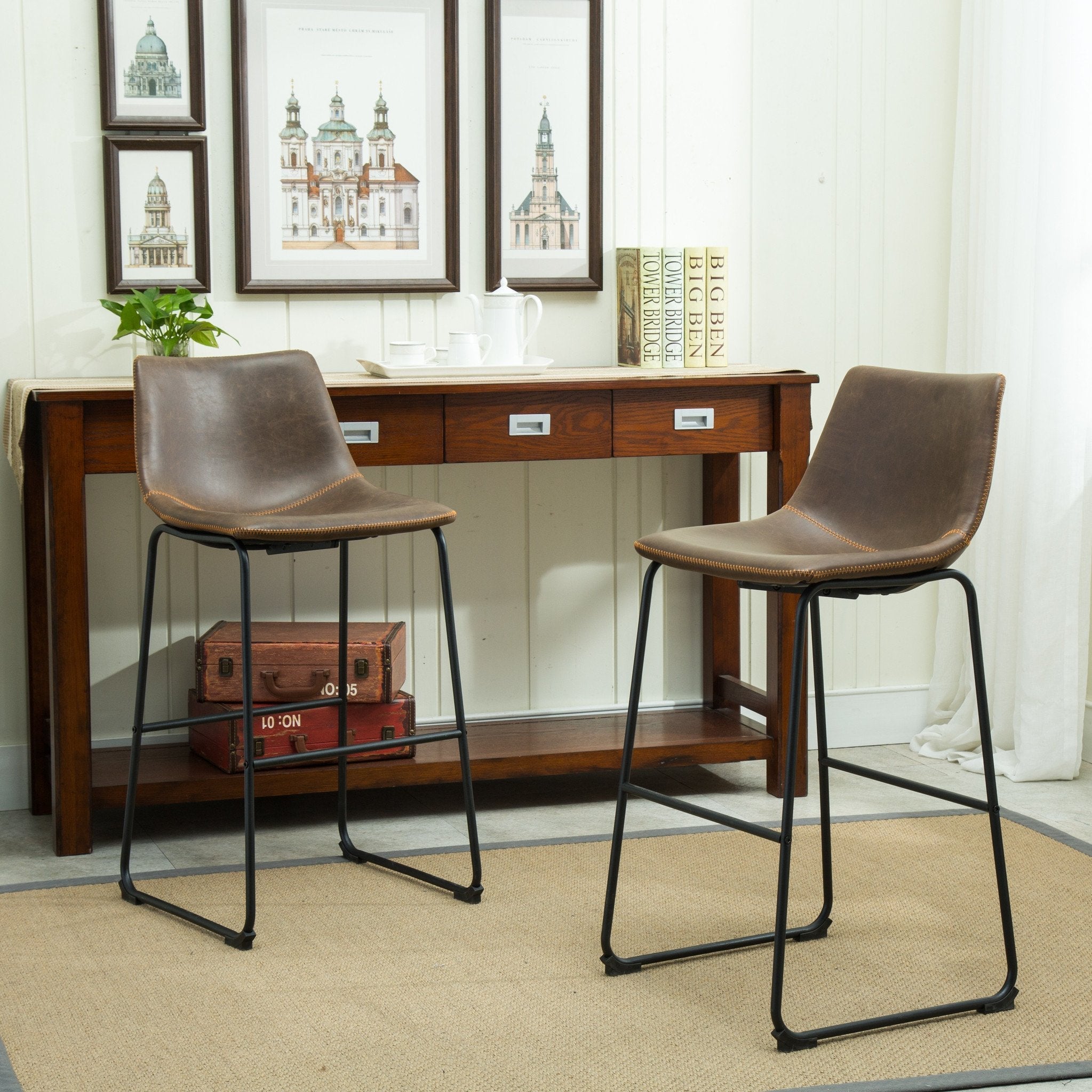 Vintage PU Leather Bar Stools Set of 2 - Roundhill Furniture Lotusville Antique Brown Barstools for Kitchen Island, Breakfast Nook & Home Bar Decor