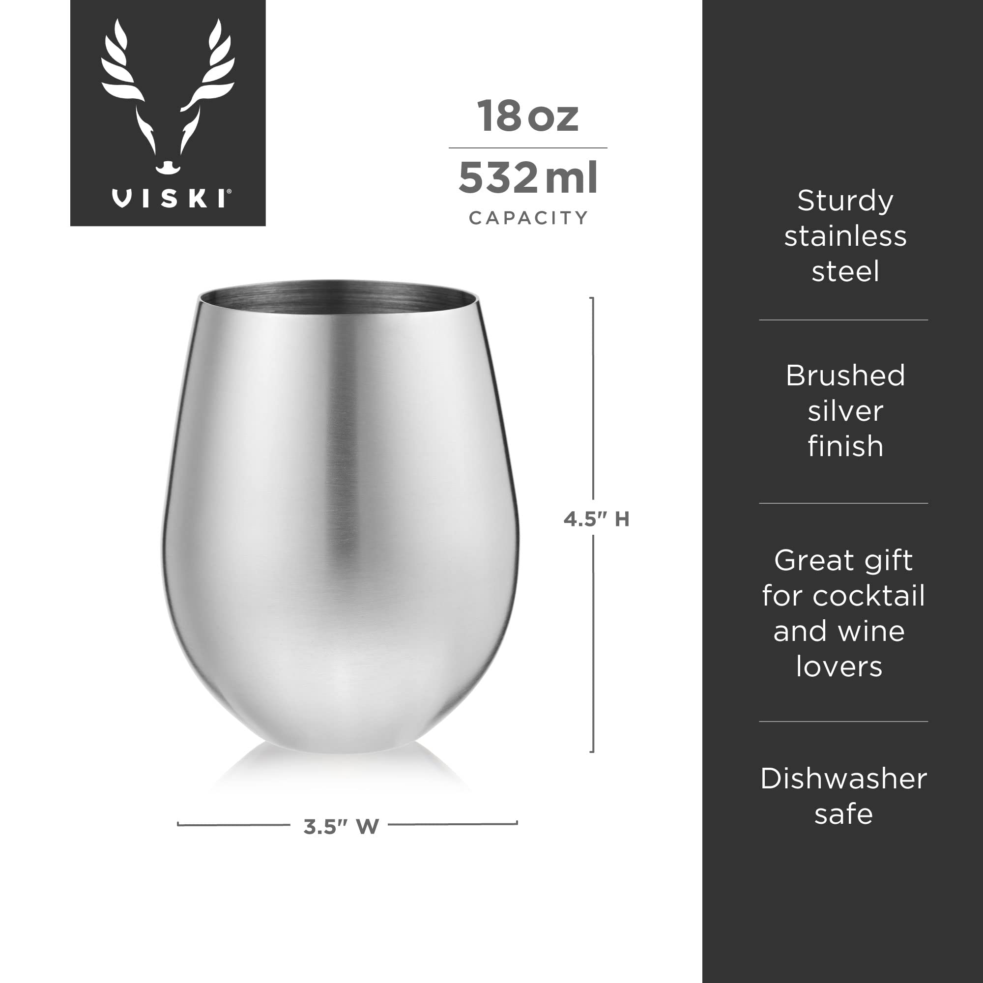 Viski 18oz Stainless Steel Wine Tumbler Set of 2 - Stemless Wine Glasses with Double Wall Insulation for Hot & Cold Drinks - Perfect for Parties, Picnics, and Home Entertaining