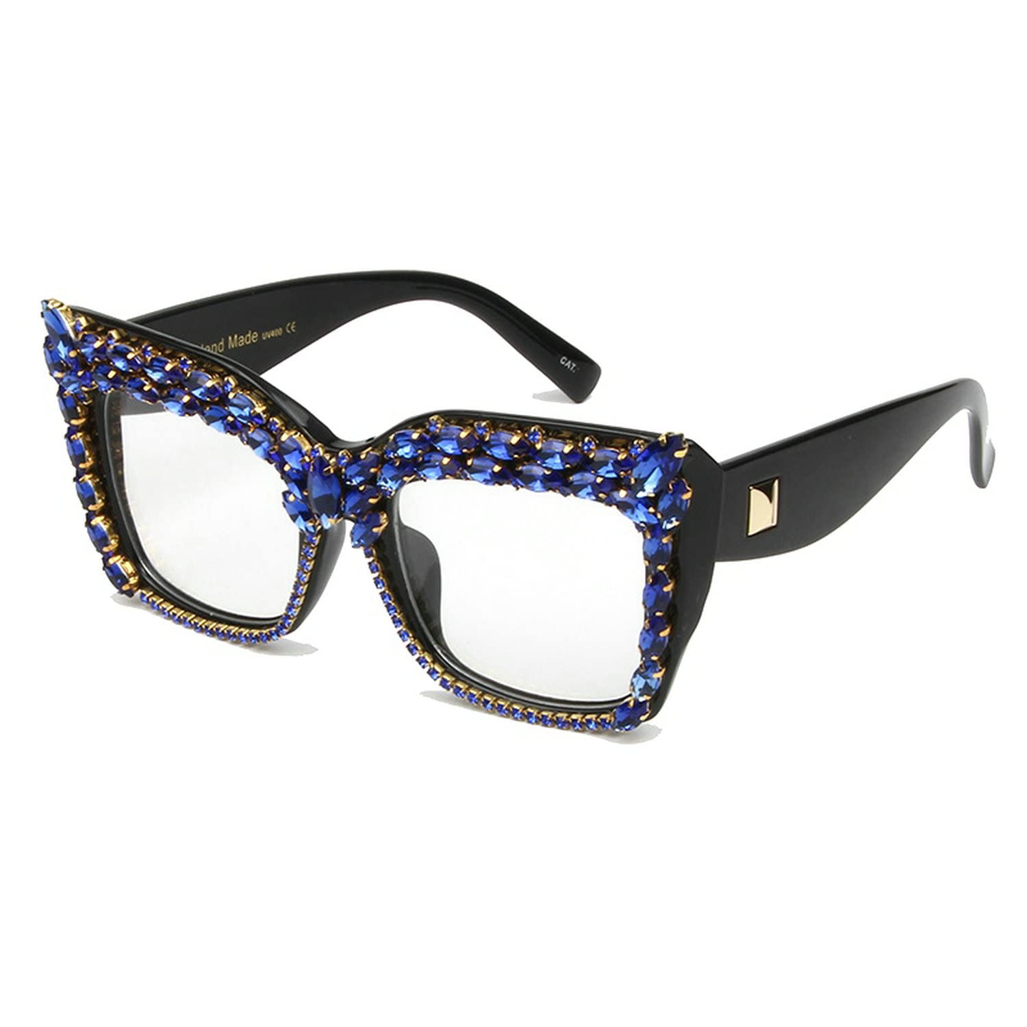 Luxury Rhinestone Cat Eye Glasses for Women - Oversized Diamond Studded Blue Eyeglass Frames for Men & Women | Perfect for Parties, Weddings & Fashion Events