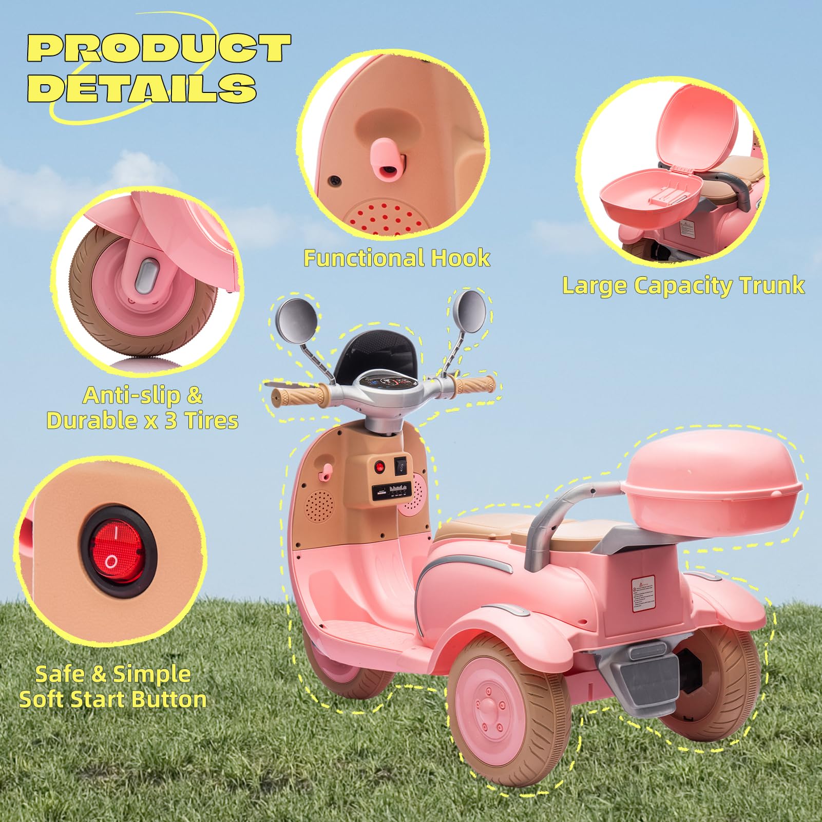 12V Kids Electric Motorcycle - 2 Seats, 3 Wheels with Bluetooth & Lights for Ages 3+ | Outdoor Ride-On Toy