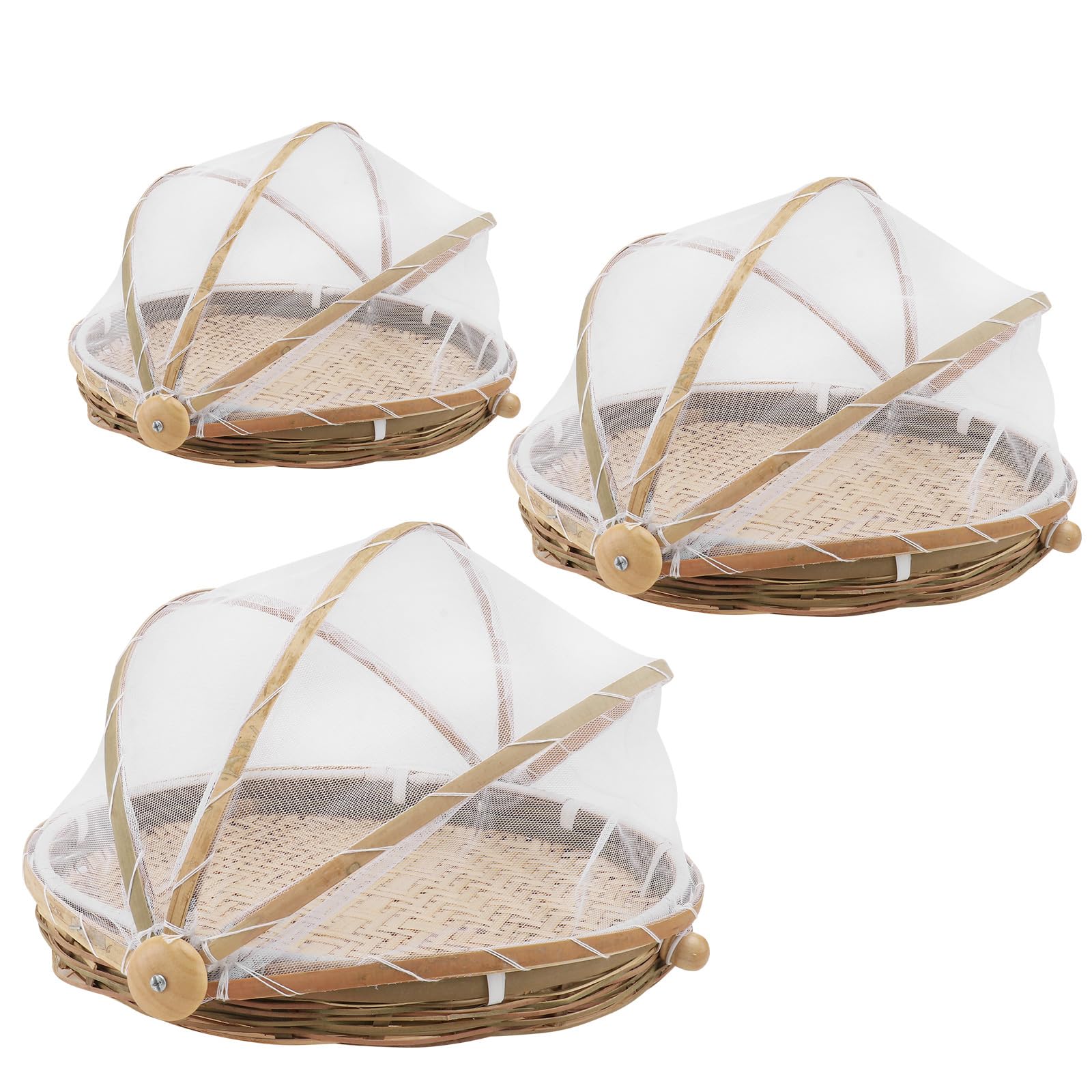 3-Piece Bamboo Food Serving Basket Set - Hand-Woven Round Picnic Basket with Mesh Cover for Vegetables, Fruits, Bread & Home Storage | Perfect for Outdoor Picnics, Party Serving & Kitchen Organization