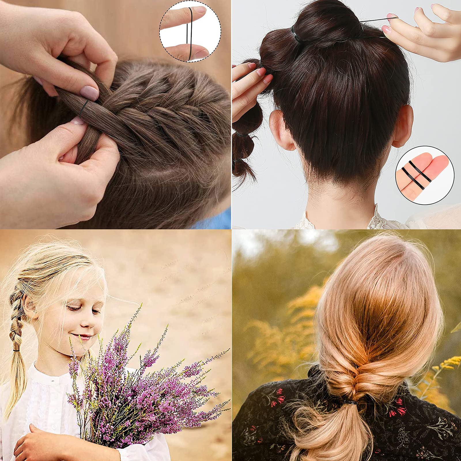 ILamourCar 500 Pcs Black Elastic Hair Bands Set - Small Hair Rubber Bands for Kids, Braids & Wedding Hairstyles - Includes 10 Colorful Hair Grips (Perfect for School, Sports, Dance & Everyday Styling)