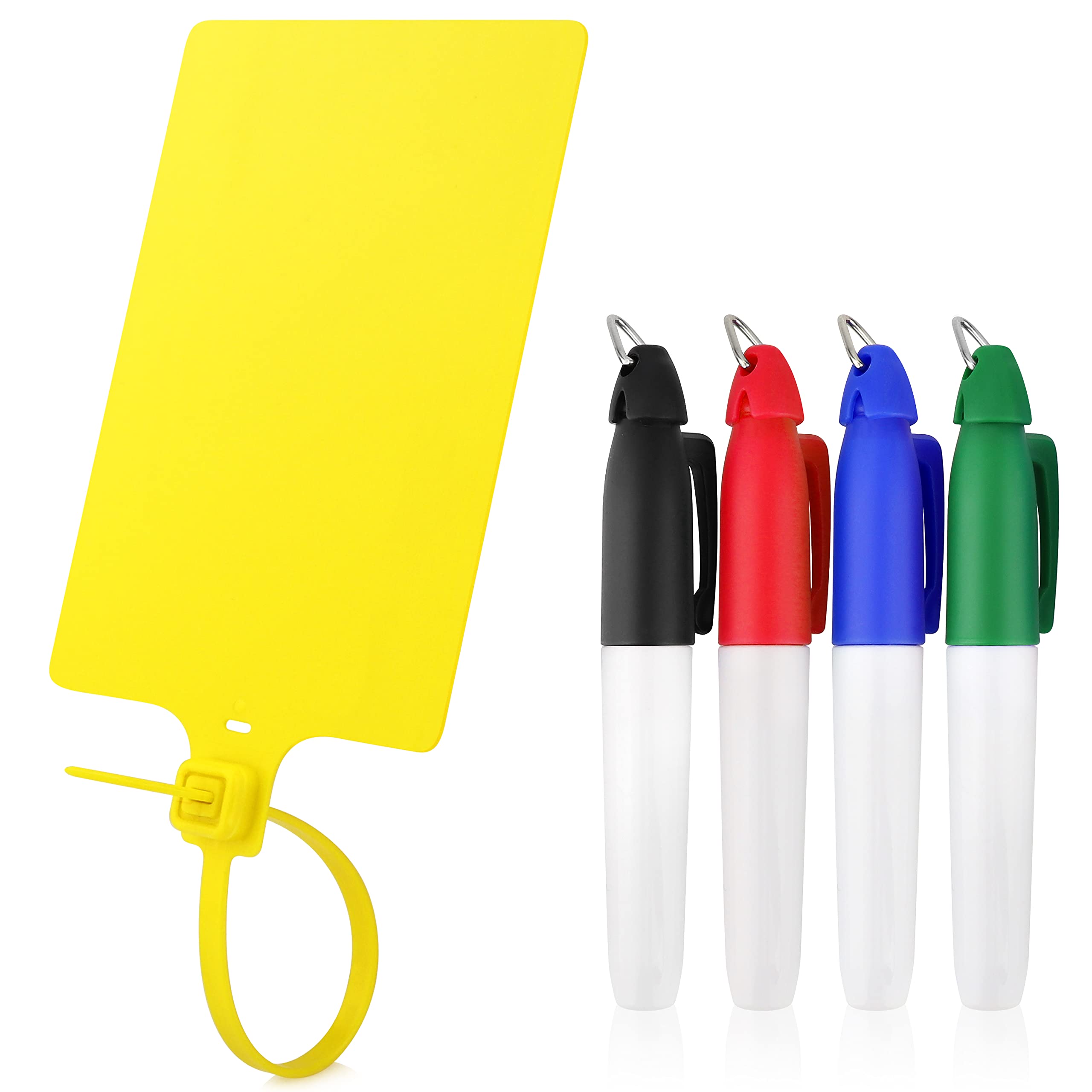 100Pcs Plastic Seals Shipping Tags with 4 Permanent Markers - Waterproof, Windproof Hanging Labels for Package Organization & Storage - Ideal for Logistics, Warehousing, and Retail Inventory Management (Yellow)