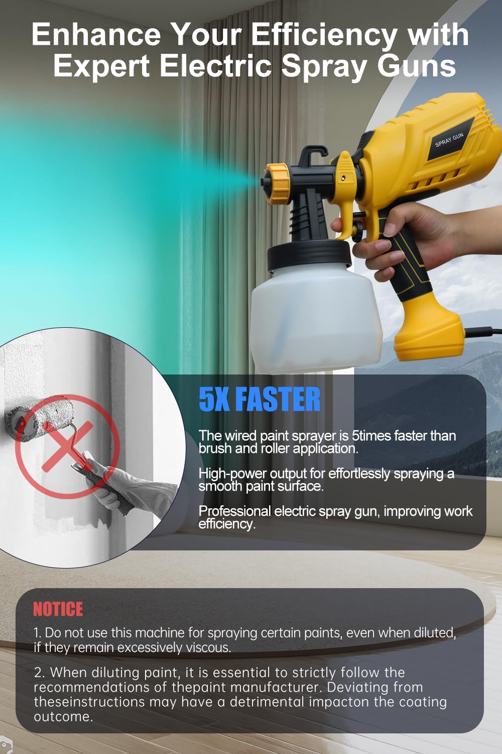 Professional HVLP Paint Sprayer Gun for Home Interior & Exterior Painting - Electric Power Paint Sprayer for Walls, Furniture, Cabinets & DIY Projects - Perfect for House Renovation & Decoration