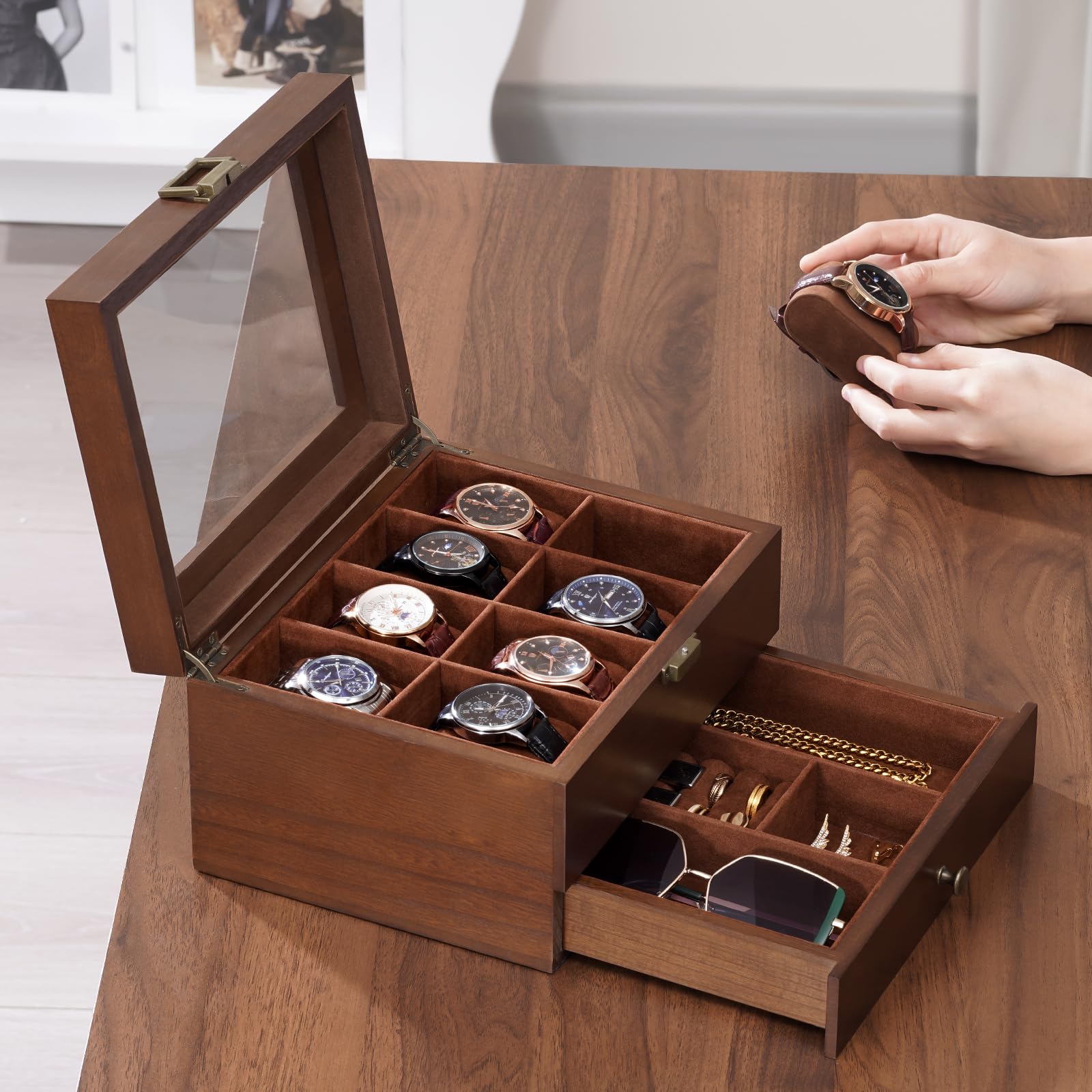 ProCase 8-Slot Wooden Watch Box for Men & Women - 2-Layer Watch Display Case with Drawer, Jewelry & Watch Storage Organizer - Perfect for Watch Collectors & Gift Giving (Brown)
