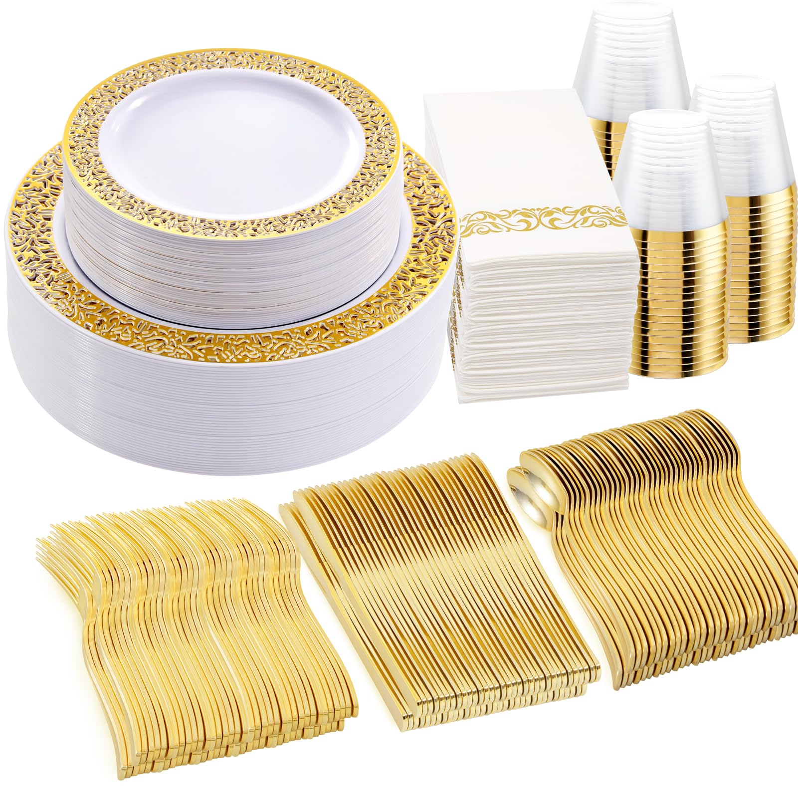WELLIFE 210-Piece Gold Plastic Party Tableware Set - 30 Dinner Plates, 30 Dessert Plates, 30 Cups, 30 Napkins & 30 Cutlery Sets - Elegant Disposable Gold Silverware for Wedding, Birthday, Bridal Shower & Special Events - Perfect for Indoor/Outdoor Celebrations & Catering
