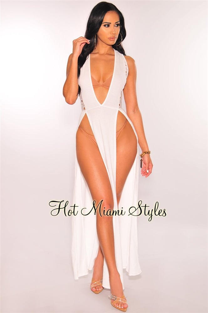 Elegant White Crochet Double Slit Maxi Dress for Women - Boho Beach Cover Up, Summer Vacation, Pool Party & Date Night Outfit