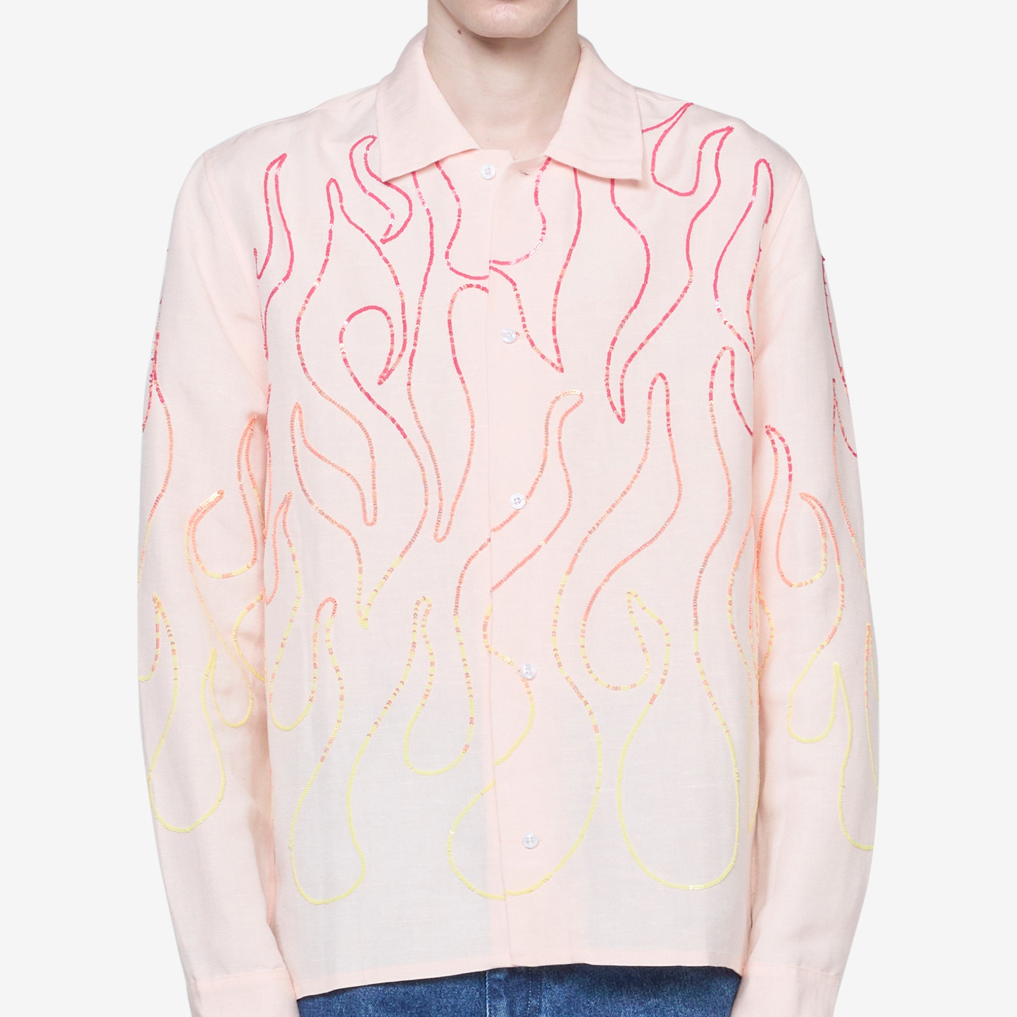 Unisex Flame Embroidered Cotton Shirt - Pink Casual Top for Men & Women | Perfect for Streetwear, Music Festivals & Everyday Fashion