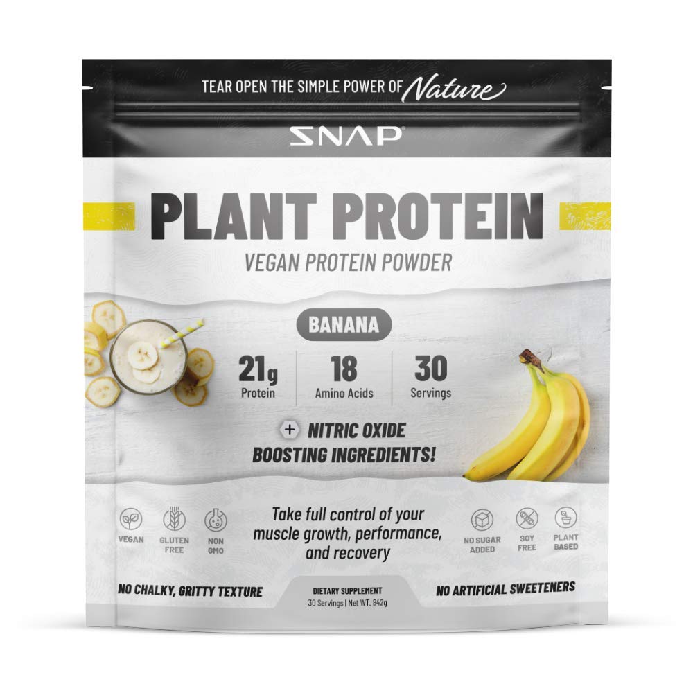 Organic Plant-Based Vegan Protein Powder by Snap Supplements - Nitric Oxide Boosting Vanilla Bean Protein with BCAA for Muscle Growth, Performance & Recovery - 30 Servings (Banana Flavor) - Perfect for Post-Workout Shakes & Smoothies