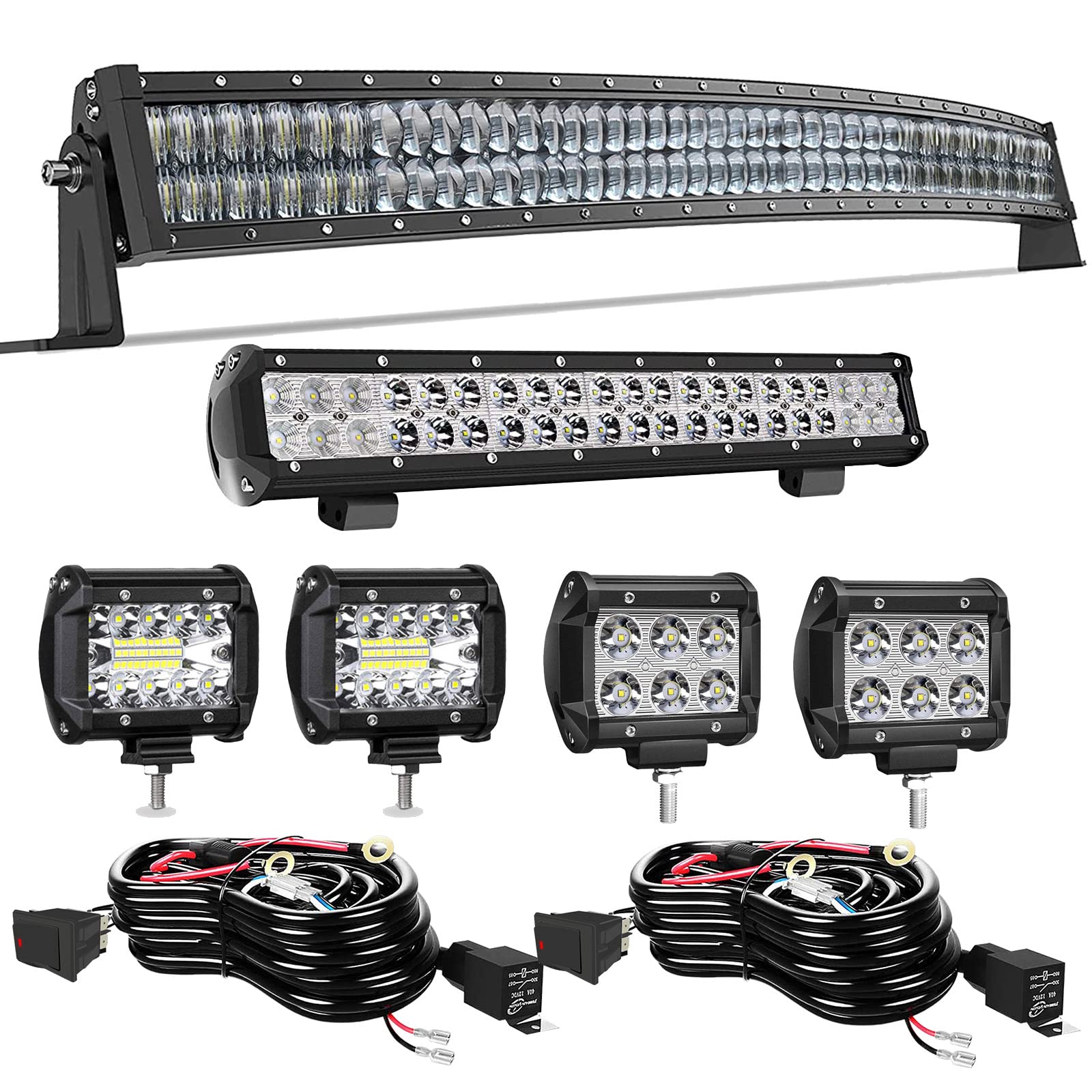 TURBO SII - 50 Inch 288W Curved 5D LED Light Bar Kit + 20 Inch 126W Spot Flood Combo Offroad Lights - 4PCS 4 Inch LED Pod Lights with 3-Lead Wiring Harness for Jeep, Truck, ATV, UTV, SUV - Perfect for Off-Roading, Night Driving & Adventure