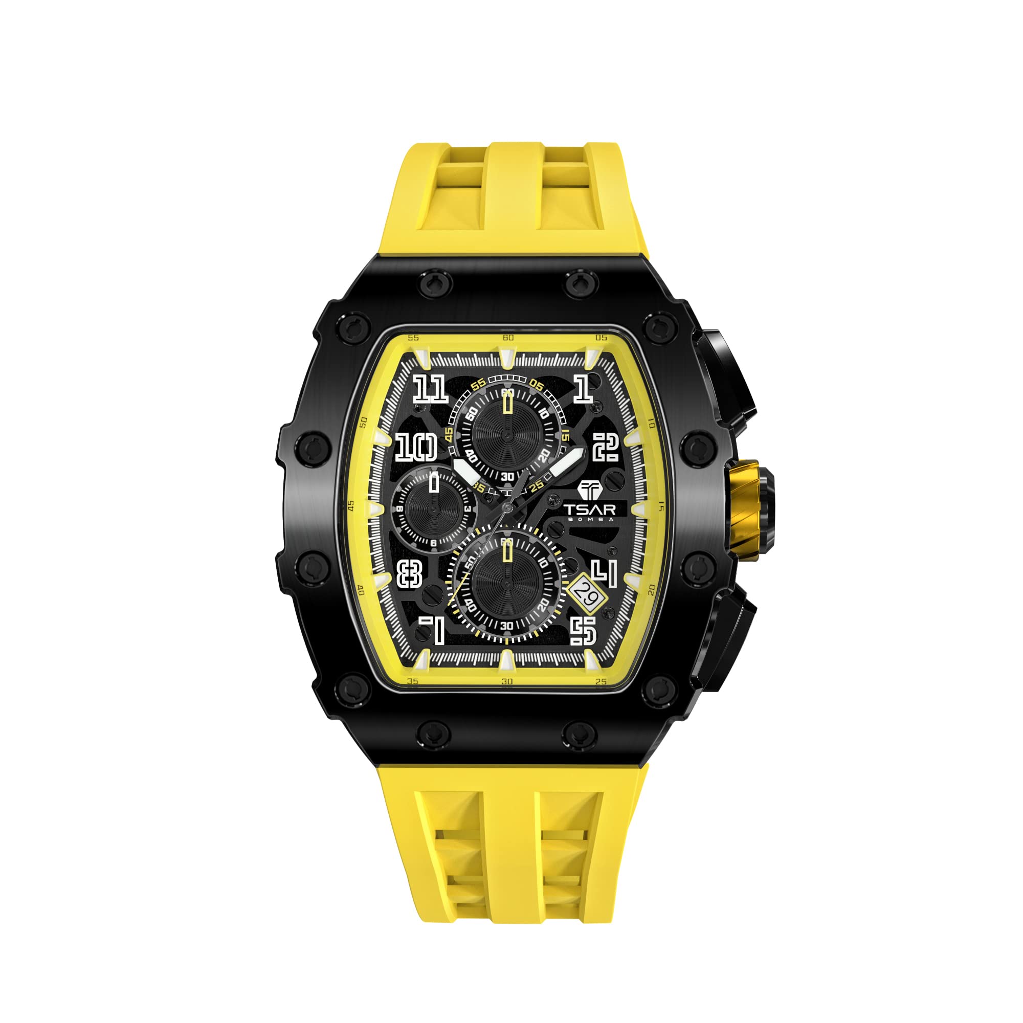 TSAR BOMBA Luxury Men's Watch - Tonneau Sapphire Crystal Japanese Quartz Chronograph with Luminous Hands, 50M Water Resistant Rubber Strap - Perfect for Business, Diving & Gift Giving