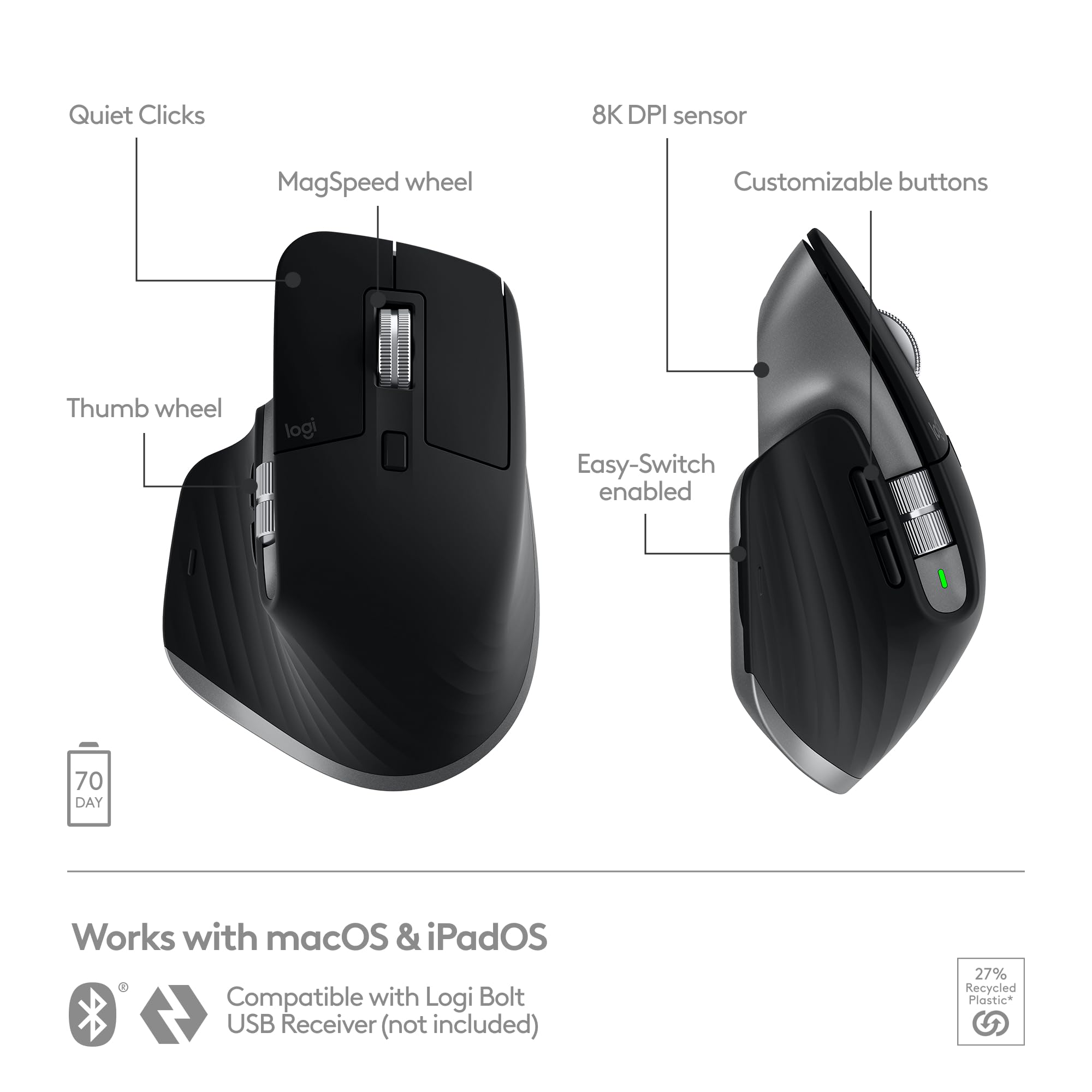 Logitech MX Master 3S Wireless Bluetooth Mouse for Mac - Ergonomic Design, Ultra-Fast Scrolling, 8000 DPI Precision, Silent Clicks, Glass Tracking - Compatible with MacBook, iPad (Space Gray) - Perfect for Office Work, Graphic Design & Video Editing