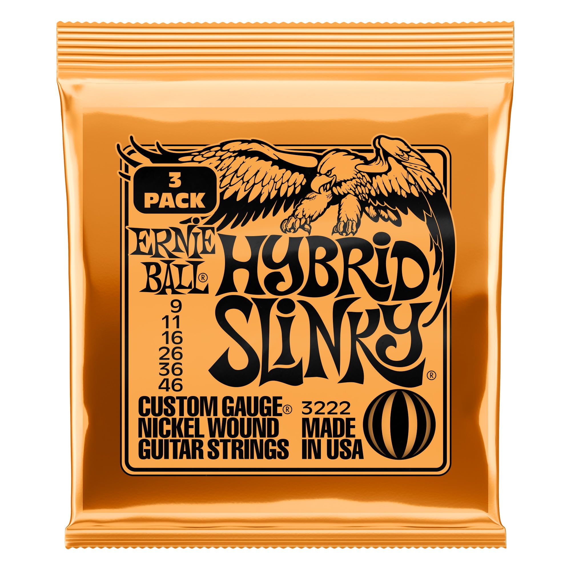 Ernie Ball Hybrid Slinky Nickel Wound Electric Guitar Strings 3-Pack, 9-46 Gauge (P03222) - Perfect for Rock, Blues & Metal Guitarists - Studio & Live Performance Strings